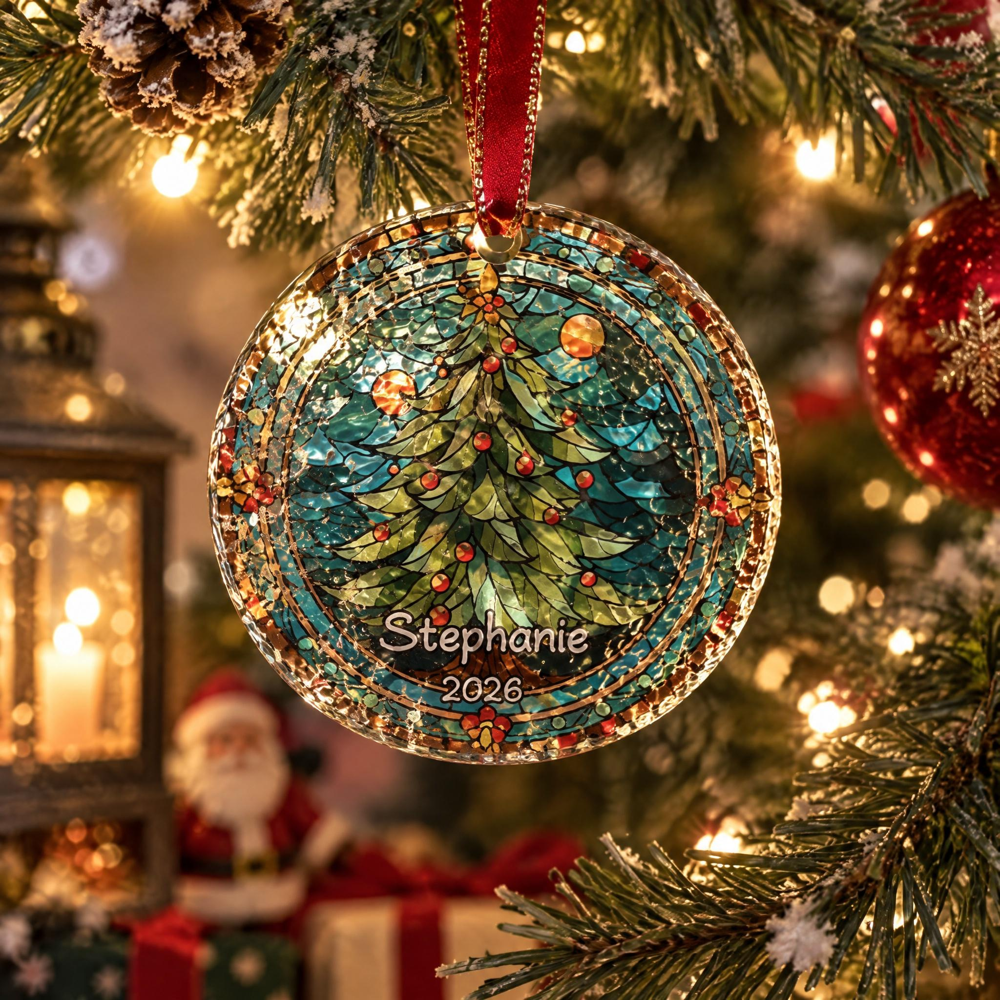 Personalized Christmas Tree Glass Ornament, Custom Name and Year, Stained Glass Style Suncatcher Holiday Keepsake 2 - MeasureMason Personalized Christmas Tree Glass Ornament, Custom Name and Year, Stained Glass Style Suncatcher Holiday Keepsake 2
