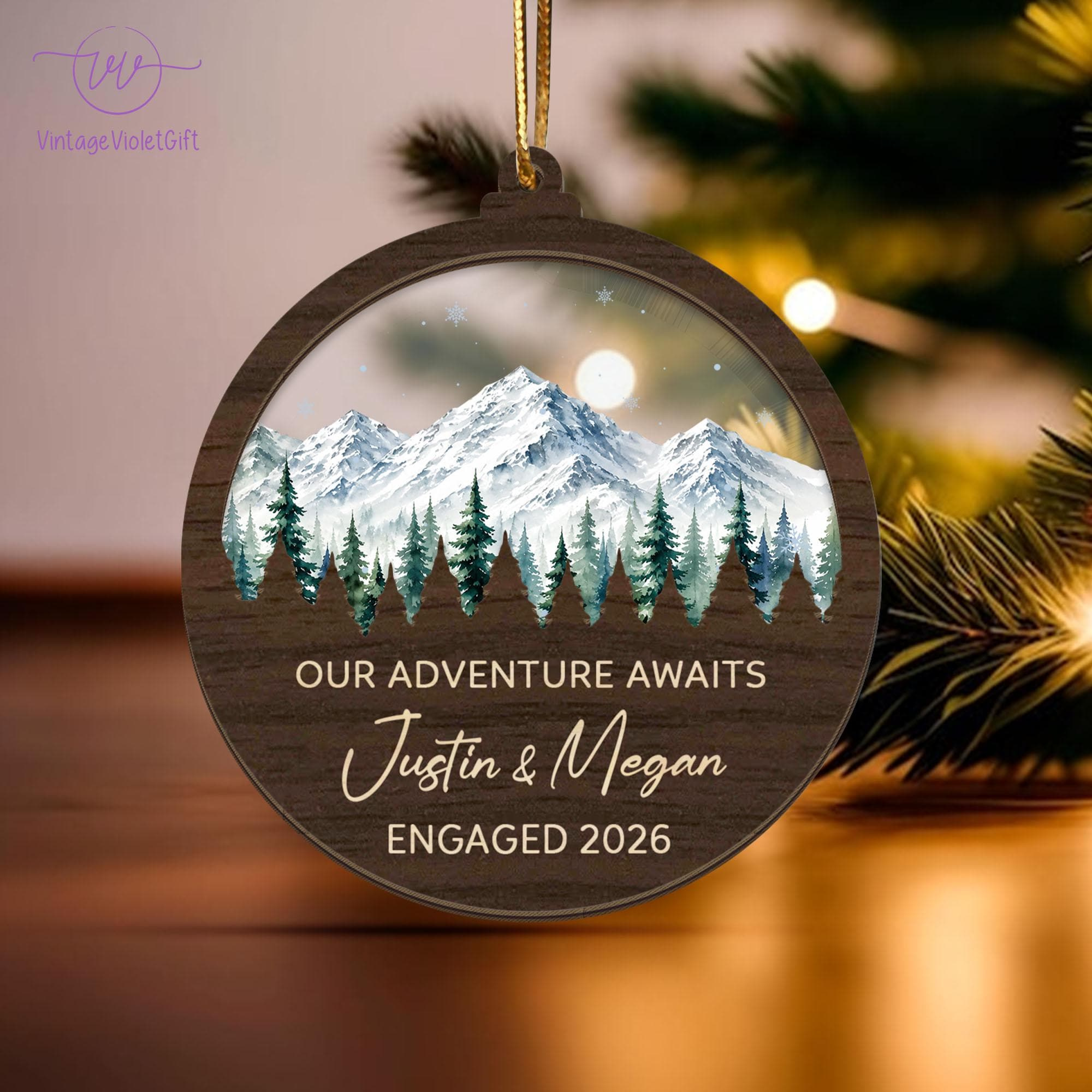 Personalized Mountain Landscape Christmas Ornament, Our Adventure Awaits Engaged Couple Gift