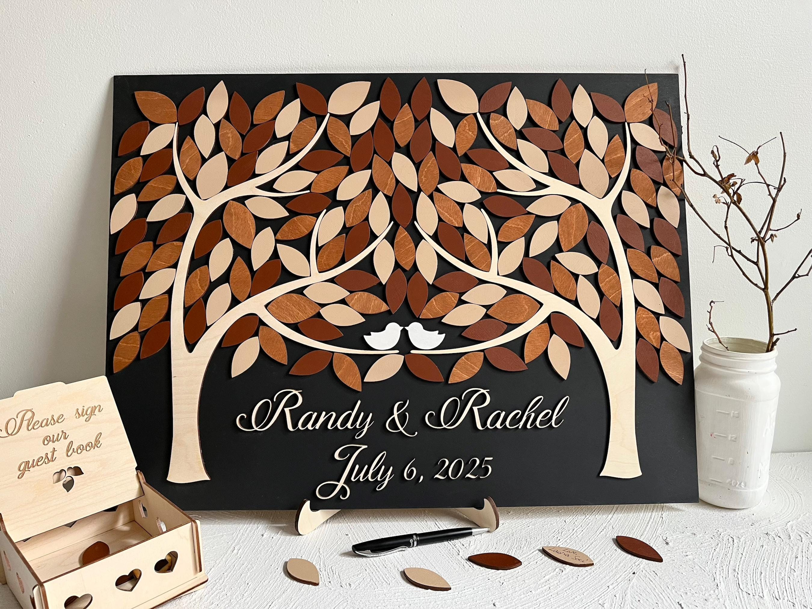 Magnetic Wedding Guest Book Alternative - Two Trees Wooden Leaves Puzzle, Personalized