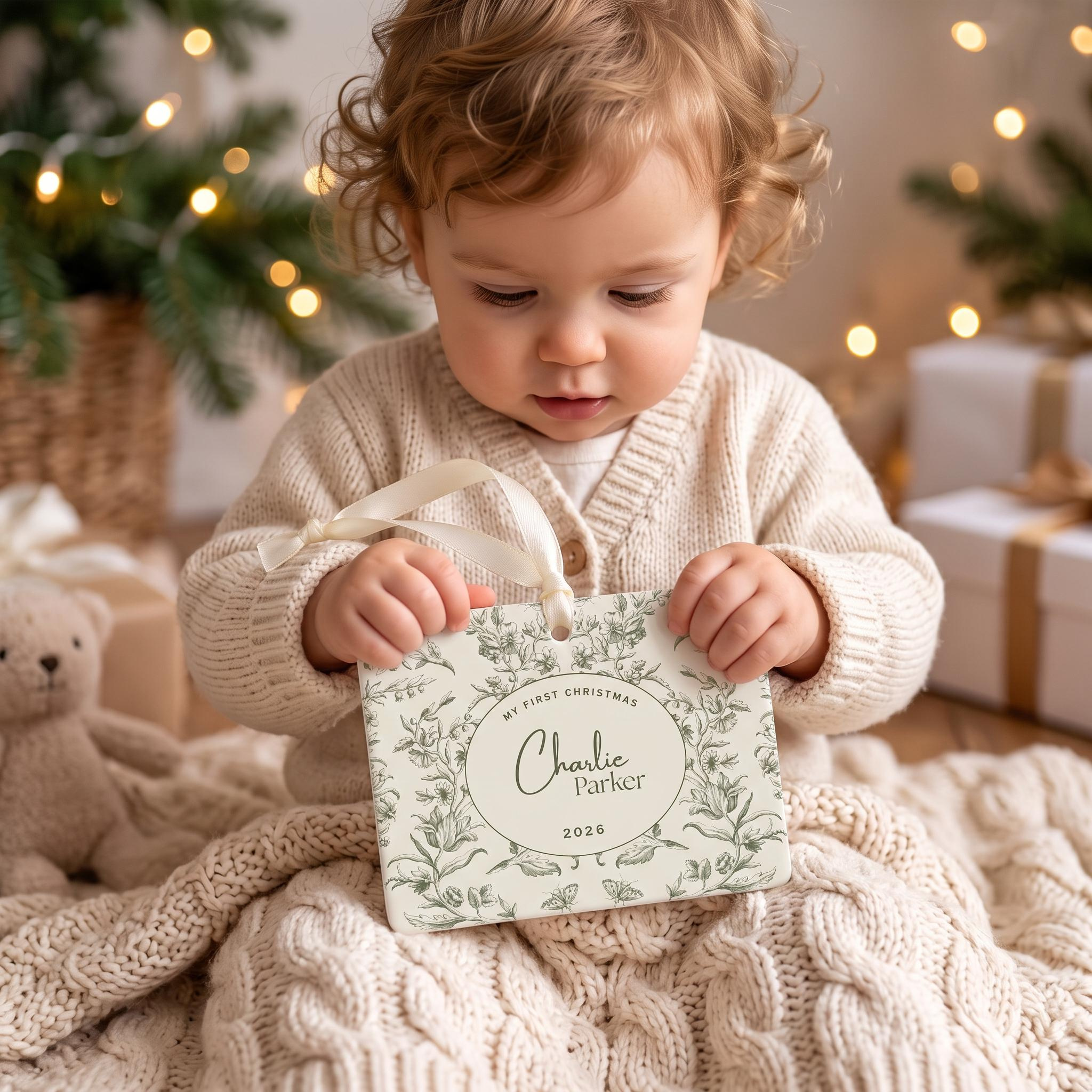 Personalized Babys First Christmas Ornament, Vintage Botanical Ceramic Keepsake with Custom Name and Year 4 - MeasureMason Personalized Babys First Christmas Ornament, Vintage Botanical Ceramic Keepsake with Custom Name and Year 4