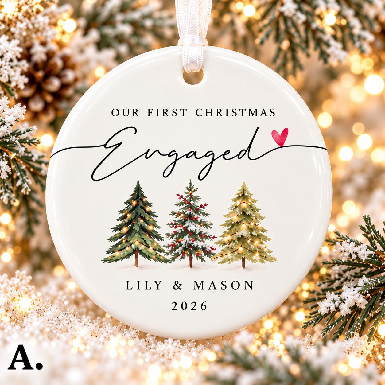 Personalized First Christmas Engaged Ornament, Heart or Round Ceramic Keepsake with Custom Names and Year 4 - MeasureMason Personalized First Christmas Engaged Ornament, Heart or Round Ceramic Keepsake with Custom Names and Year 4