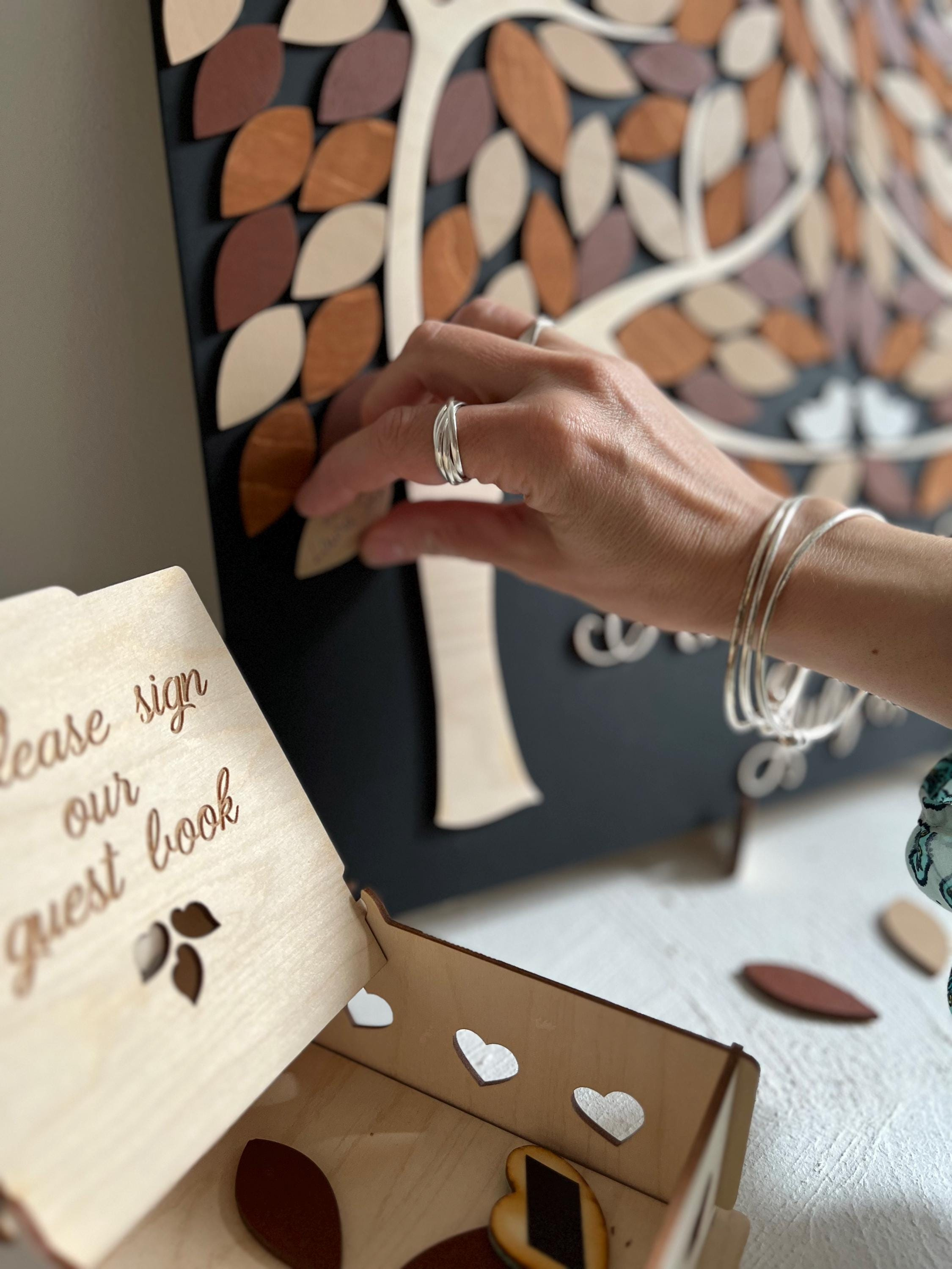 Magnetic Wedding Guest Book Alternative - Two Trees Wooden Leaves Puzzle, Personalized 3 - MeasureMason Magnetic Wedding Guest Book Alternative - Two Trees Wooden Leaves Puzzle, Personalized 3