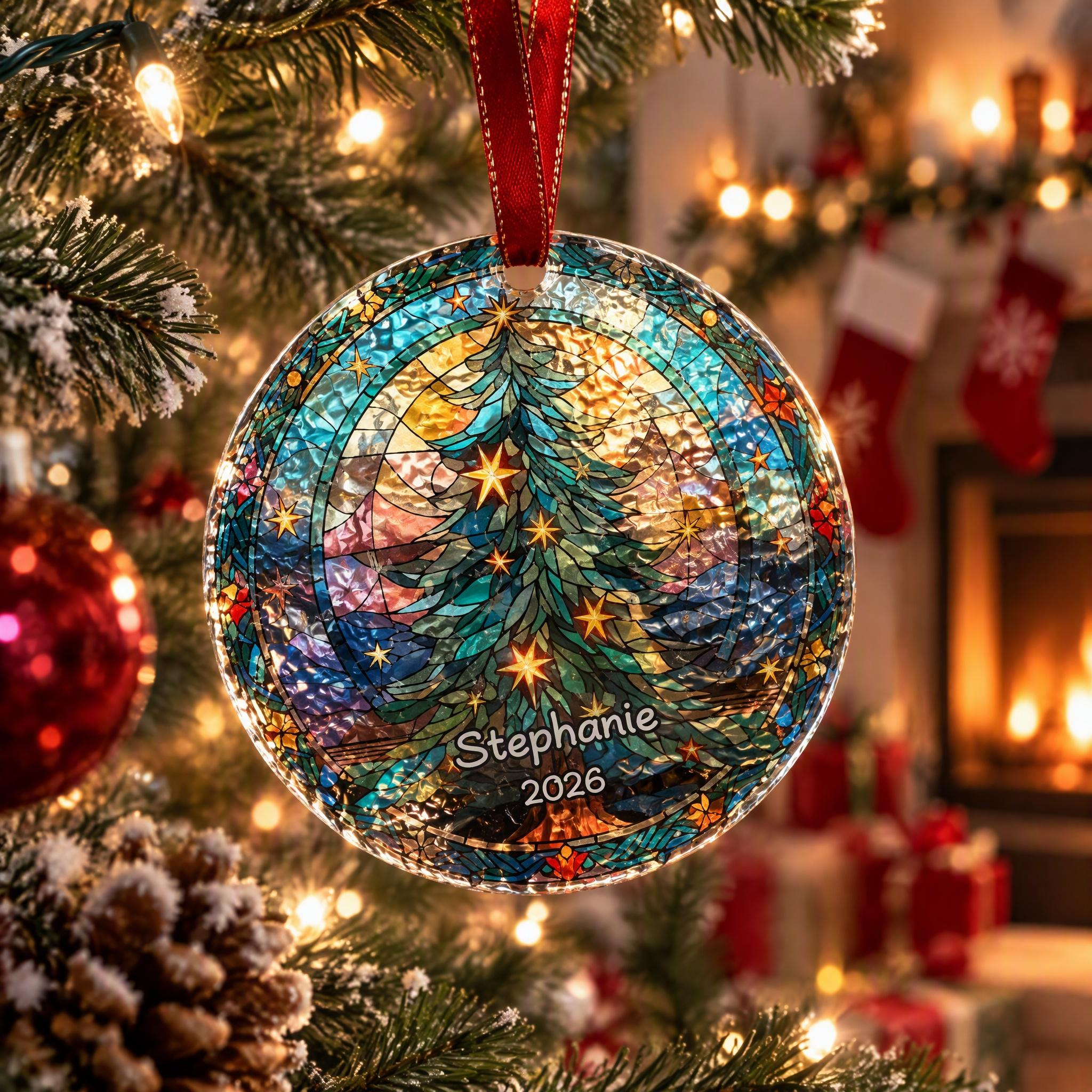 Personalized Christmas Tree Glass Ornament, Custom Name and Year, Stained Glass Style Suncatcher Holiday Keepsake 3 - MeasureMason Personalized Christmas Tree Glass Ornament, Custom Name and Year, Stained Glass Style Suncatcher Holiday Keepsake 3