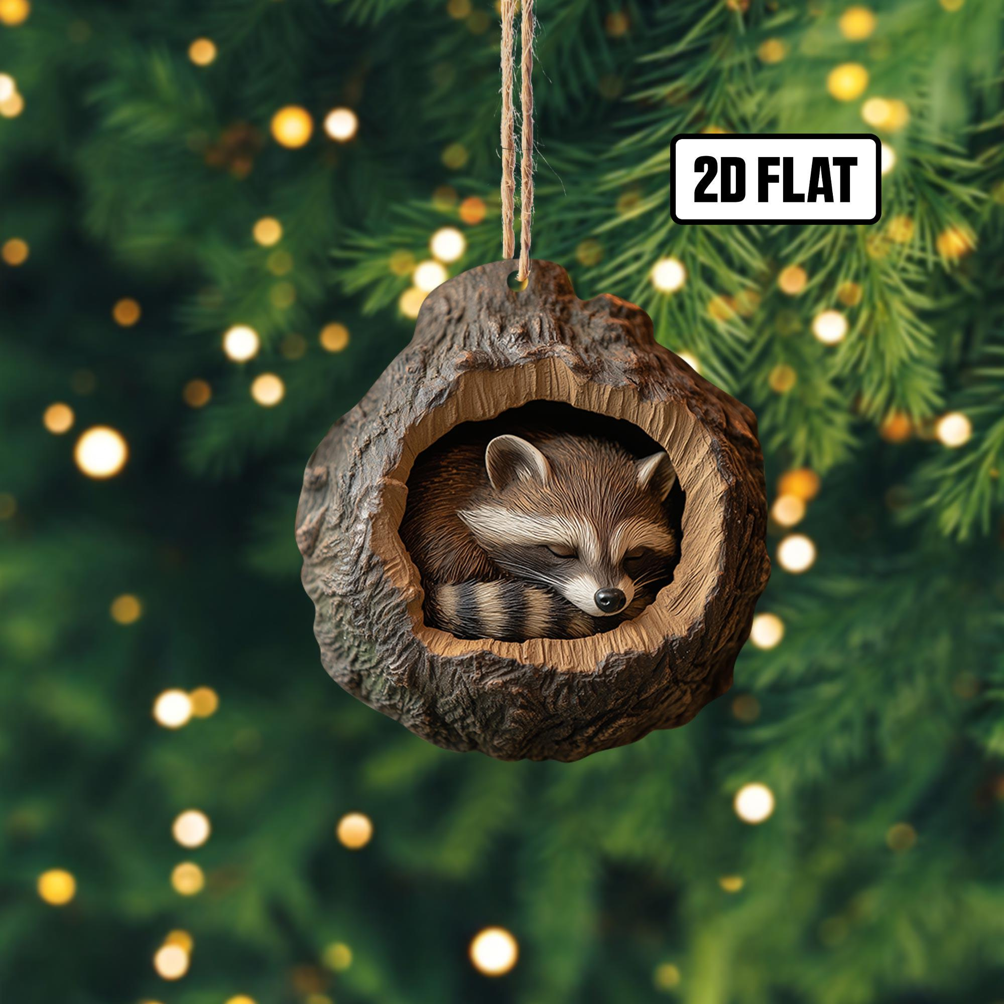 Raccoon Christmas Ornament 2D Flat Sleeping Baby Raccoon Tree Decor & Rearview Mirror Hanger