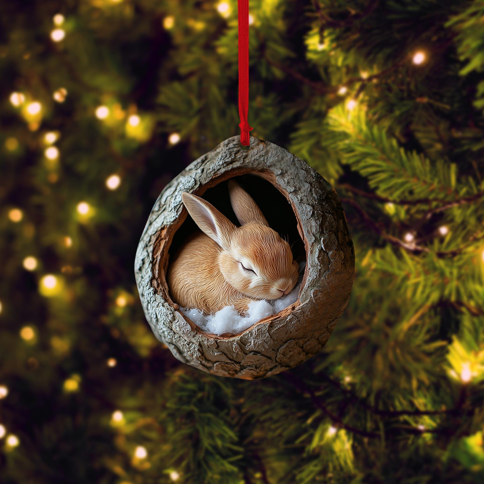 Bunny Christmas Ornament, 2D Flat Rabbit Sleeping Holiday Tree Decor, Wood or Acrylic Animal Lover Gift 1 - MeasureMason Bunny Christmas Ornament, 2D Flat Rabbit Sleeping Holiday Tree Decor, Wood or Acrylic Animal Lover Gift 1