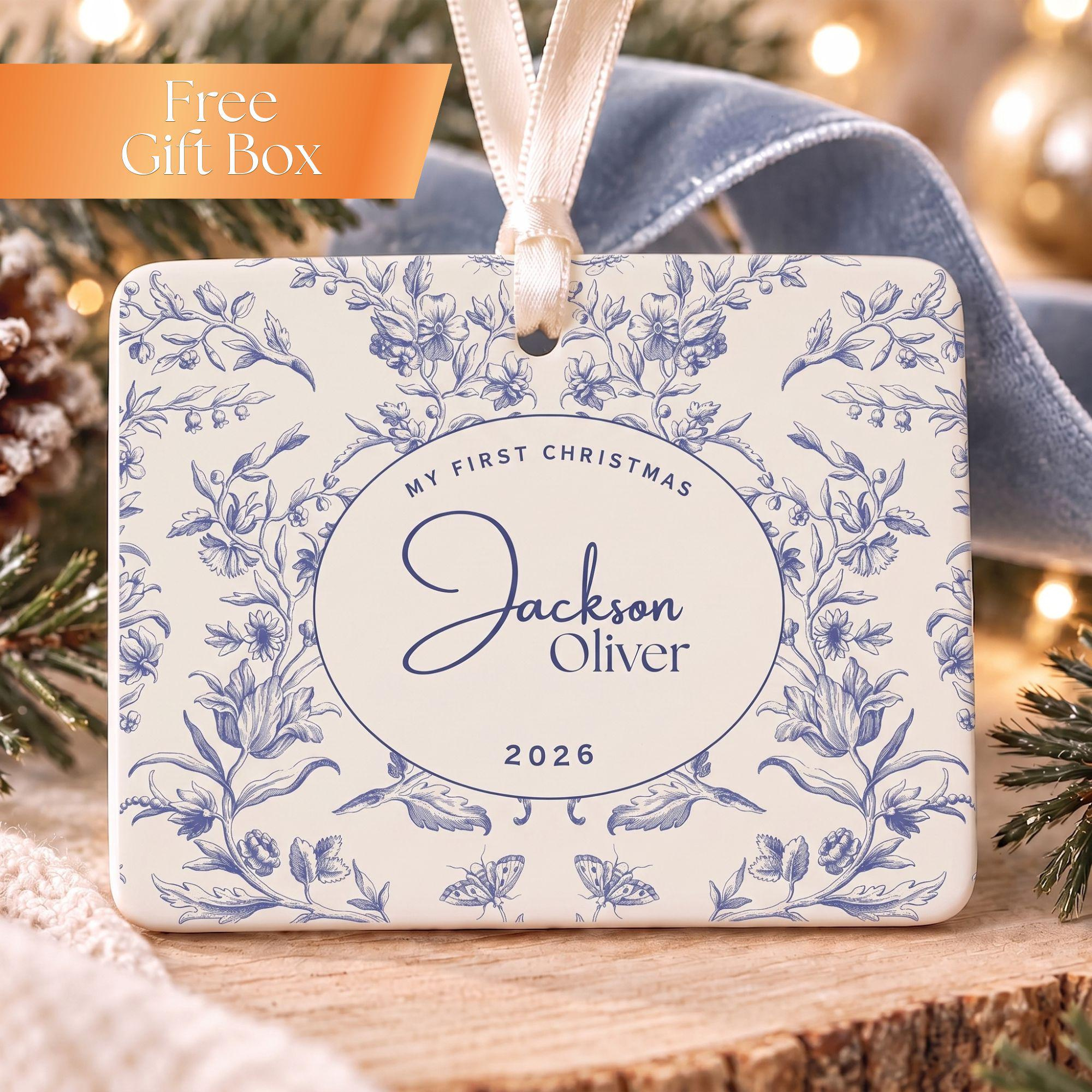 Personalized Baby's First Christmas Ornament, Vintage Botanical Ceramic Keepsake with Custom Name and Year Personalized Baby's First Christmas Ornament, Vintage Botanical Ceramic Keepsake with Custom Name and Year