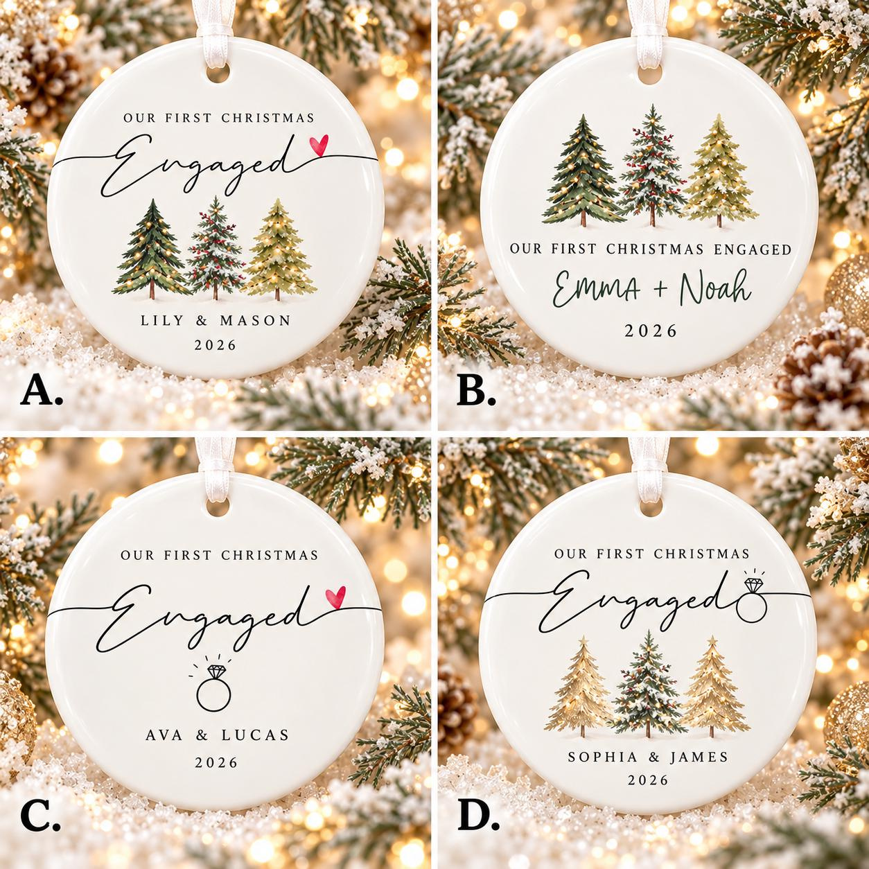 Personalized First Christmas Engaged Ornament, Heart or Round Ceramic Keepsake with Custom Names and Year 2 - MeasureMason Personalized First Christmas Engaged Ornament, Heart or Round Ceramic Keepsake with Custom Names and Year 2
