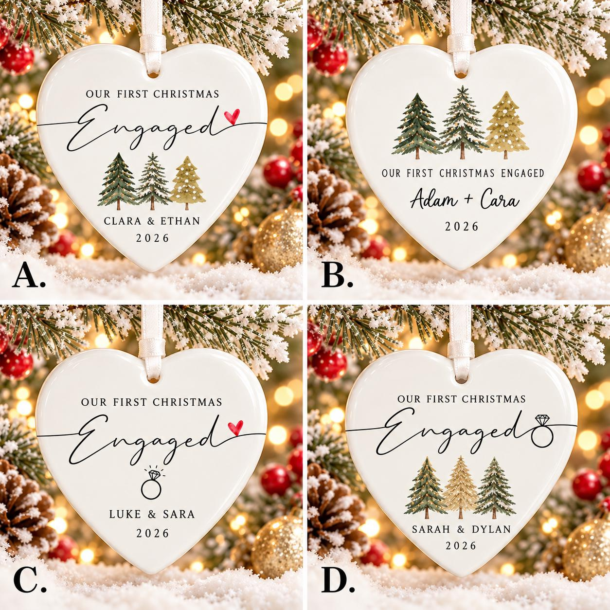 Personalized First Christmas Engaged Ornament, Heart or Round Ceramic Keepsake with Custom Names and Year 1 - MeasureMason Personalized First Christmas Engaged Ornament, Heart or Round Ceramic Keepsake with Custom Names and Year 1