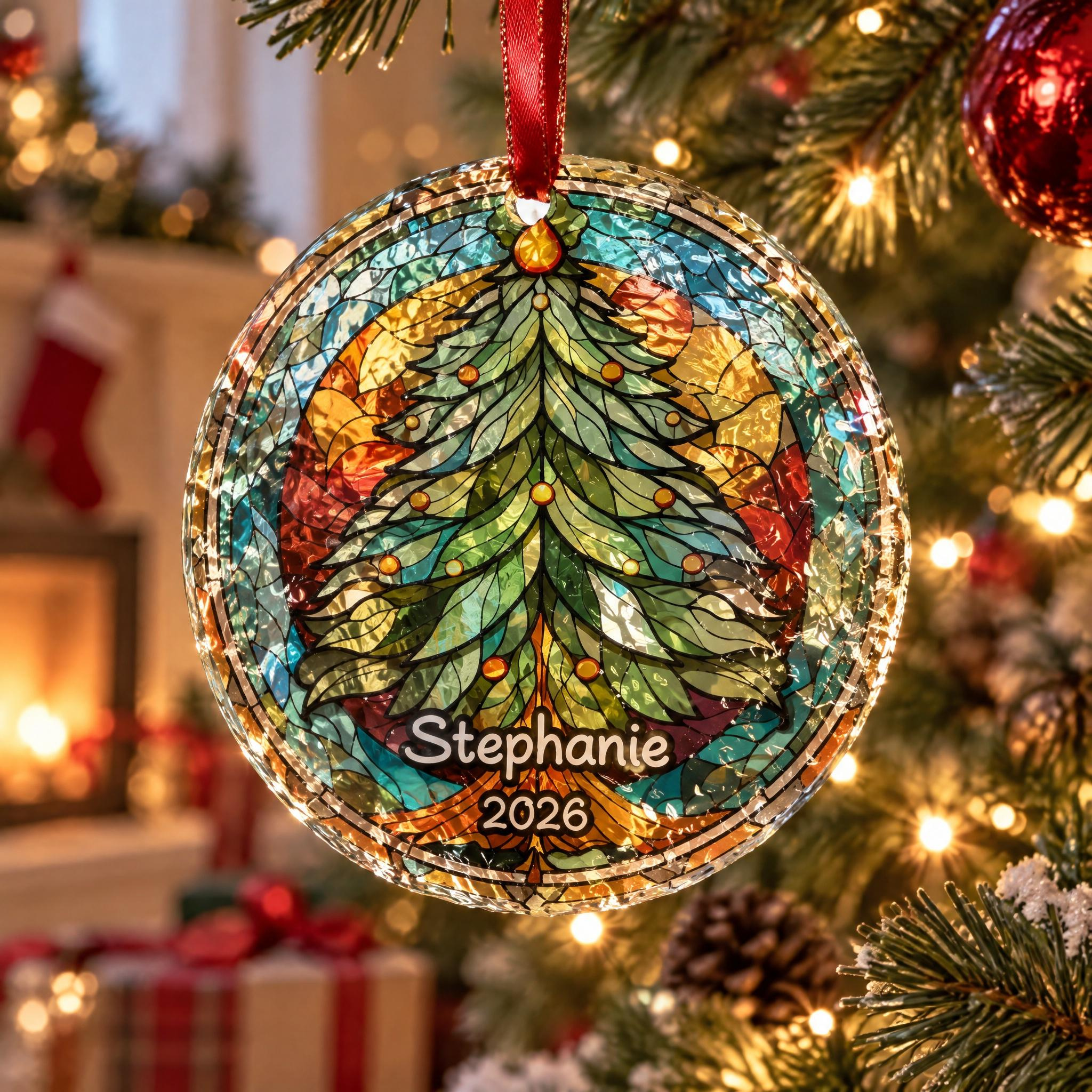 Personalized Christmas Tree Glass Ornament, Custom Name and Year, Stained Glass Style Suncatcher Holiday Keepsake 1 - MeasureMason Personalized Christmas Tree Glass Ornament, Custom Name and Year, Stained Glass Style Suncatcher Holiday Keepsake 1