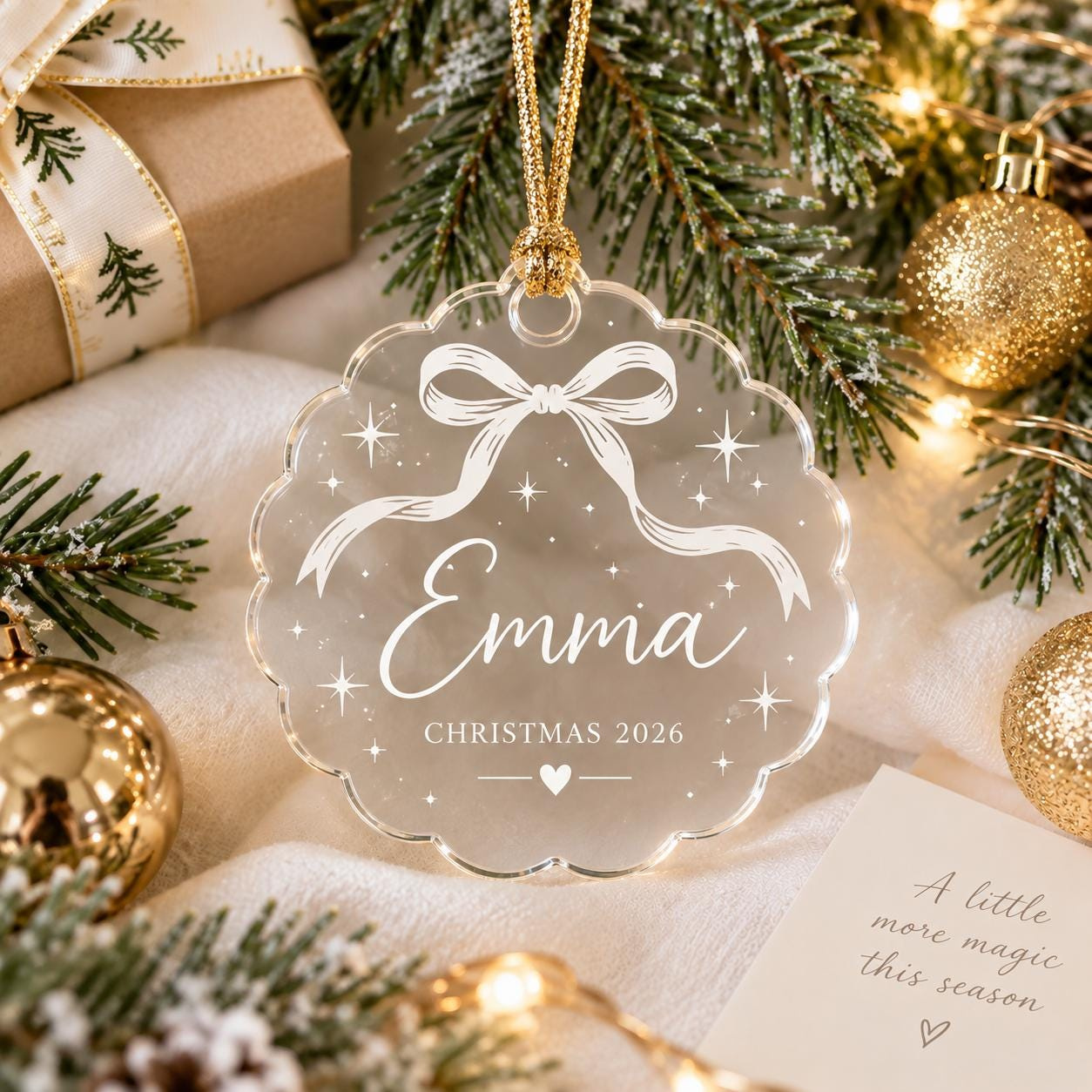 Personalized Bow Christmas Ornament 2026 - Custom Name Acrylic Scalloped Keepsake Gift