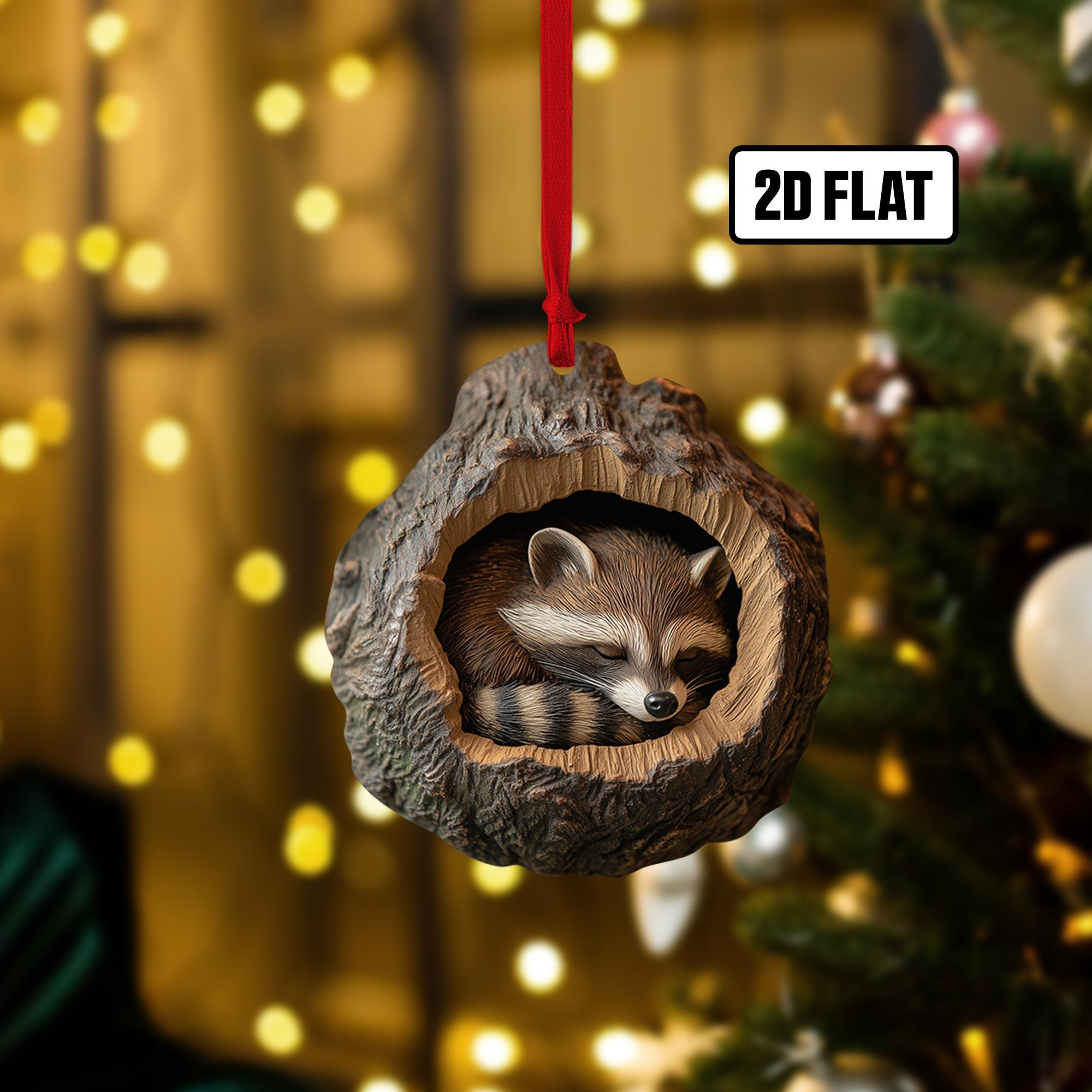 Raccoon Christmas Ornament 2D Flat Sleeping Baby Raccoon Tree Decor & Rearview Mirror Hanger 2 - MeasureMason Raccoon Christmas Ornament 2D Flat Sleeping Baby Raccoon Tree Decor & Rearview Mirror Hanger 2