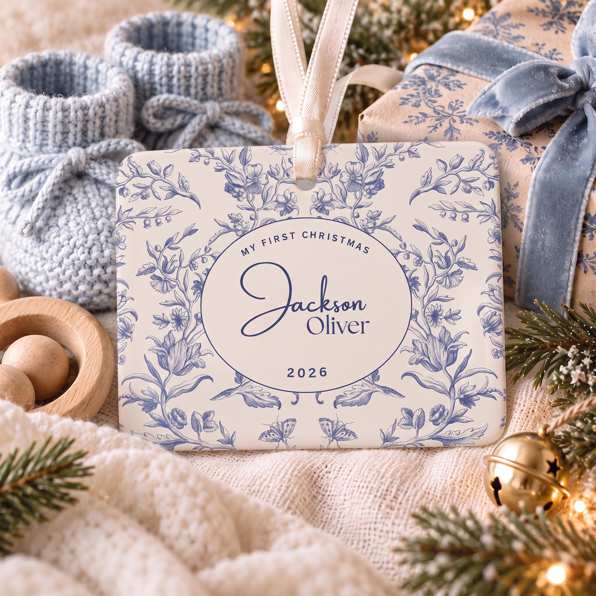 Personalized Babys First Christmas Ornament, Vintage Botanical Ceramic Keepsake with Custom Name and Year 2 - MeasureMason Personalized Babys First Christmas Ornament, Vintage Botanical Ceramic Keepsake with Custom Name and Year 2