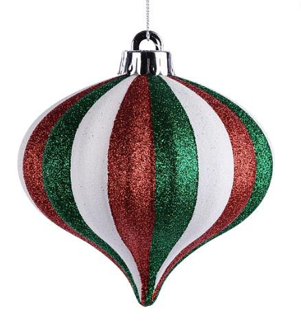 Red Green Glittered Christmas Ornament, 120mm Vertical Stripe Onion Ball for Tree and Wreath