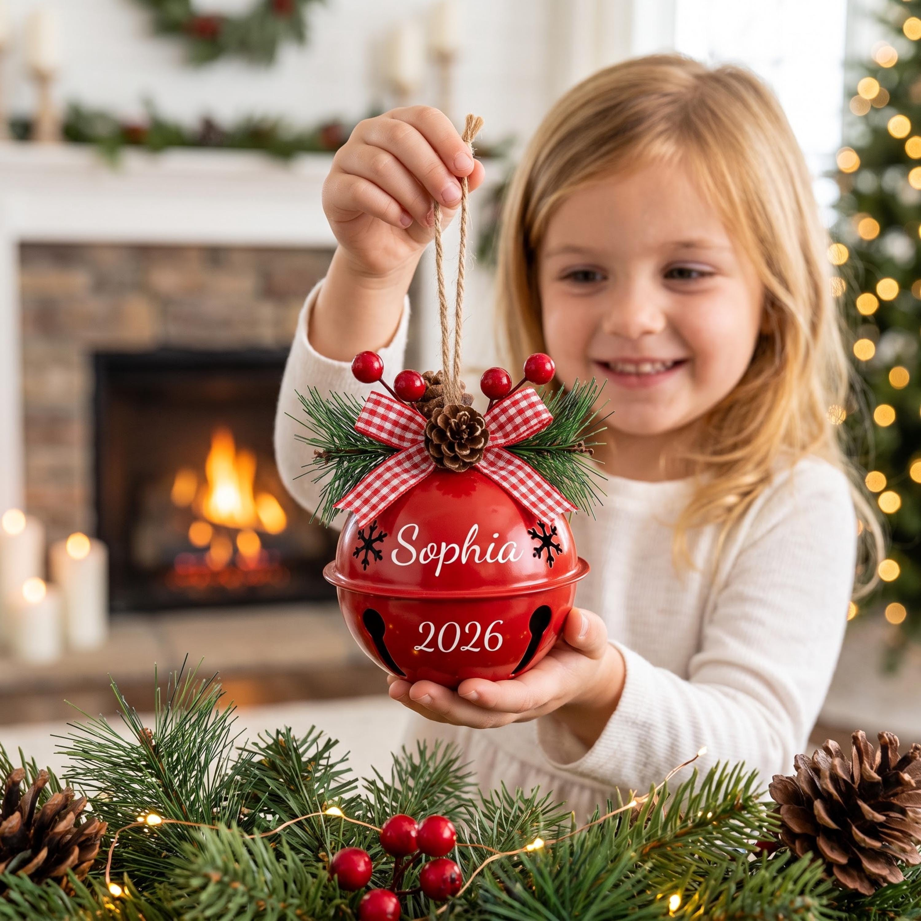 Personalized Christmas Bell Ornament - Custom Name & Year, Rustic Pine Cone Decor