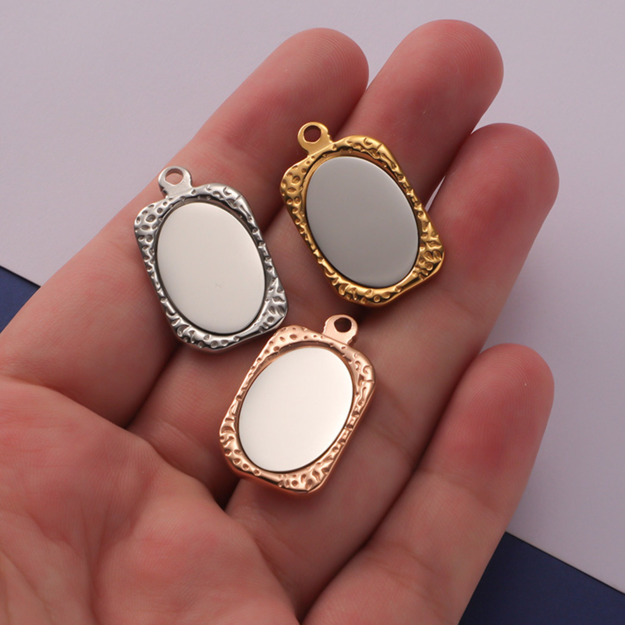 Round Stainless Steel Mirror Charm Pendant for Necklace Making, 28x17mm Bead Cage Finding