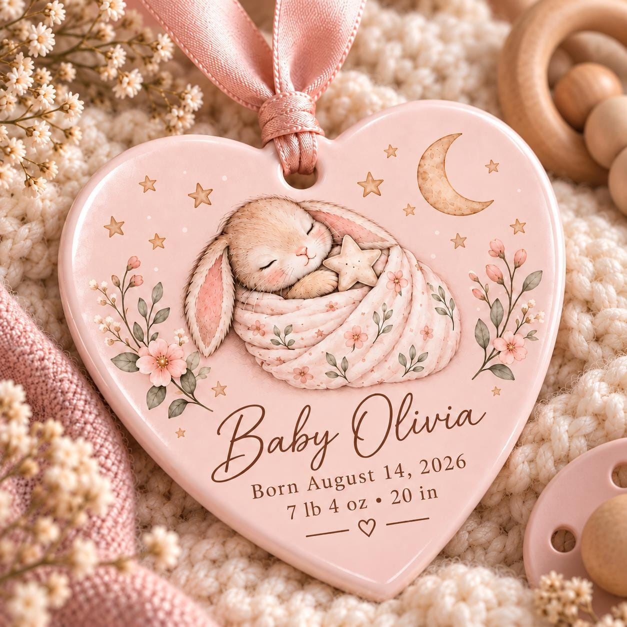 Personalized Baby Birth Stats Ornament, Pink Bunny Heart Ceramic Keepsake, Custom Newborn Name Gift 3 - MeasureMason Personalized Baby Birth Stats Ornament, Pink Bunny Heart Ceramic Keepsake, Custom Newborn Name Gift 3