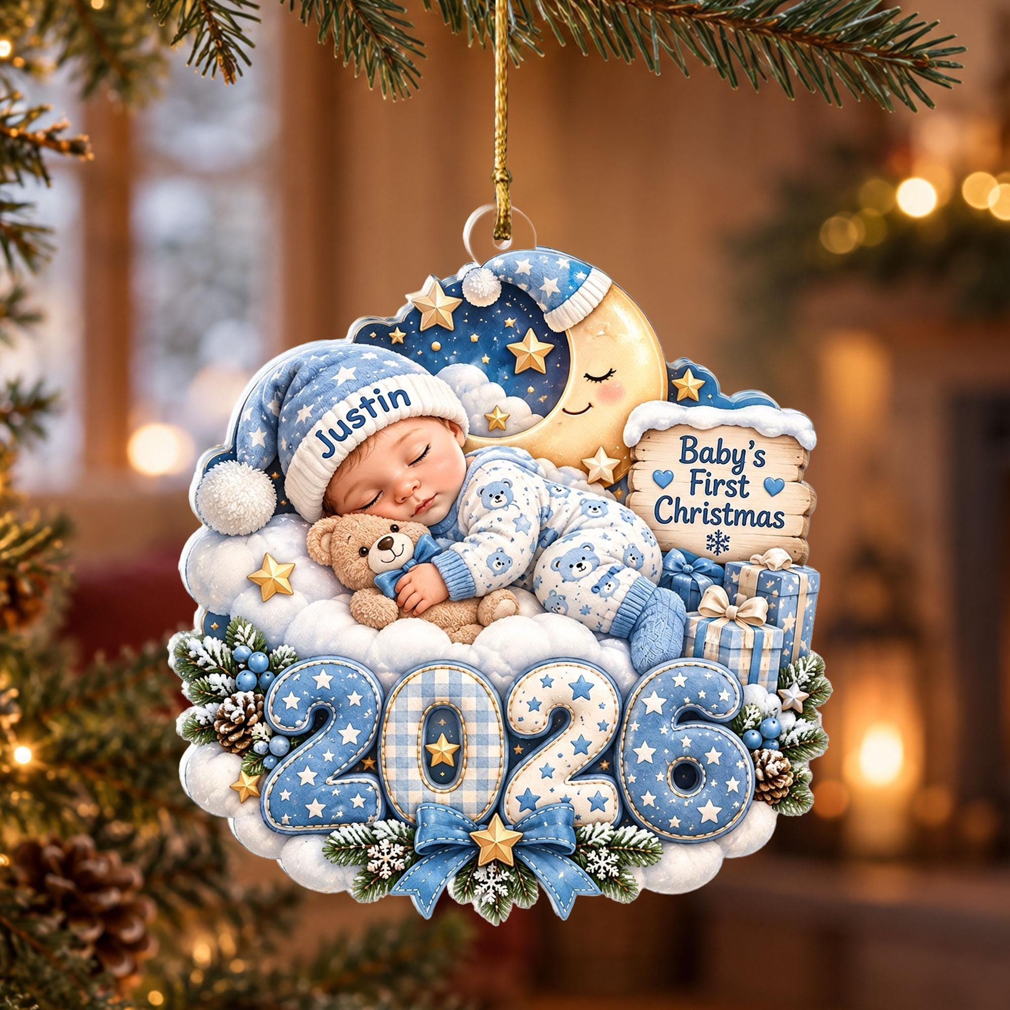 Baby First Christmas Ornament 2026, Personalized Sleeping Baby Acrylic Keepsake, Newborn Holiday Tree Decoration