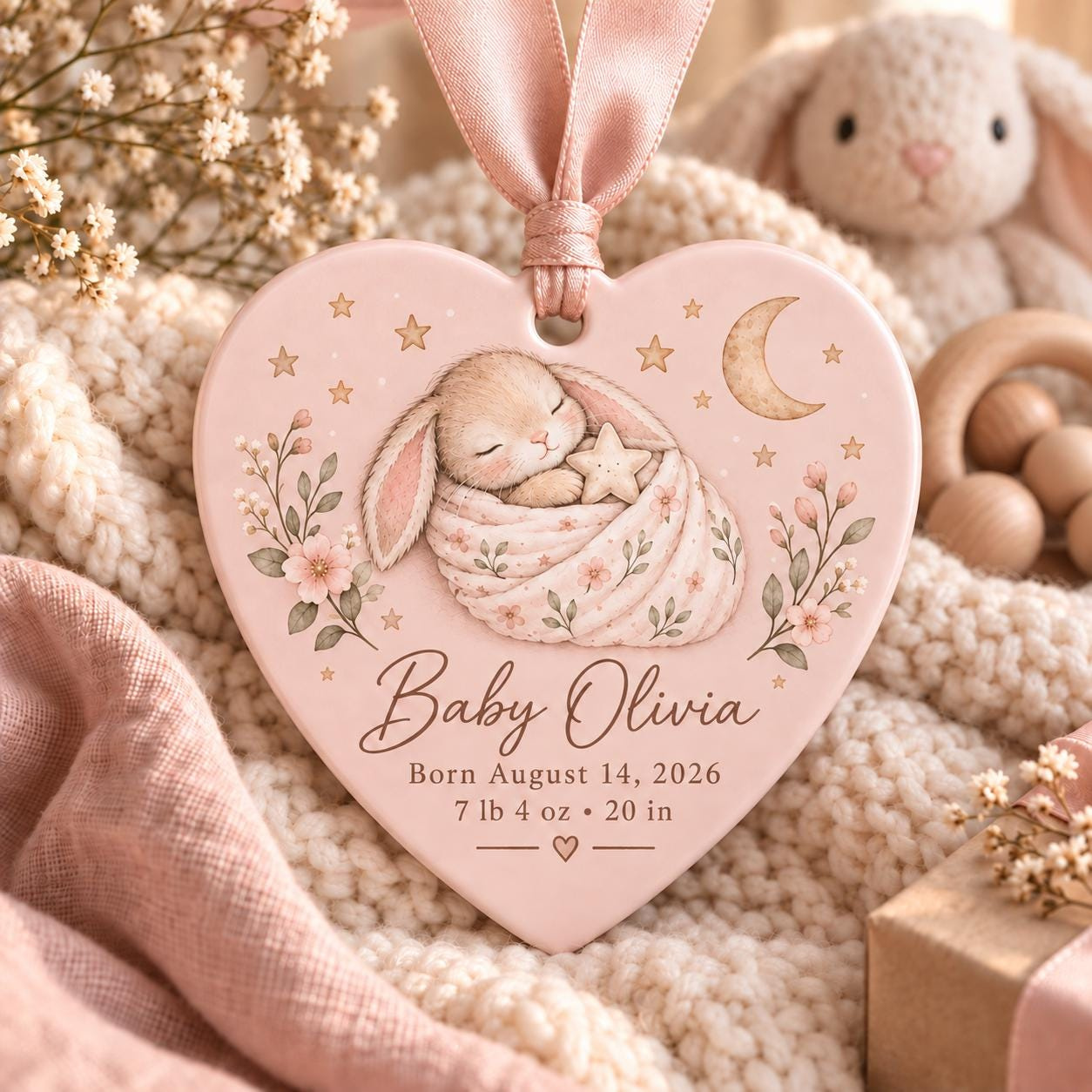 Personalized Baby Birth Stats Ornament, Pink Bunny Heart Ceramic Keepsake, Custom Newborn Name Gift