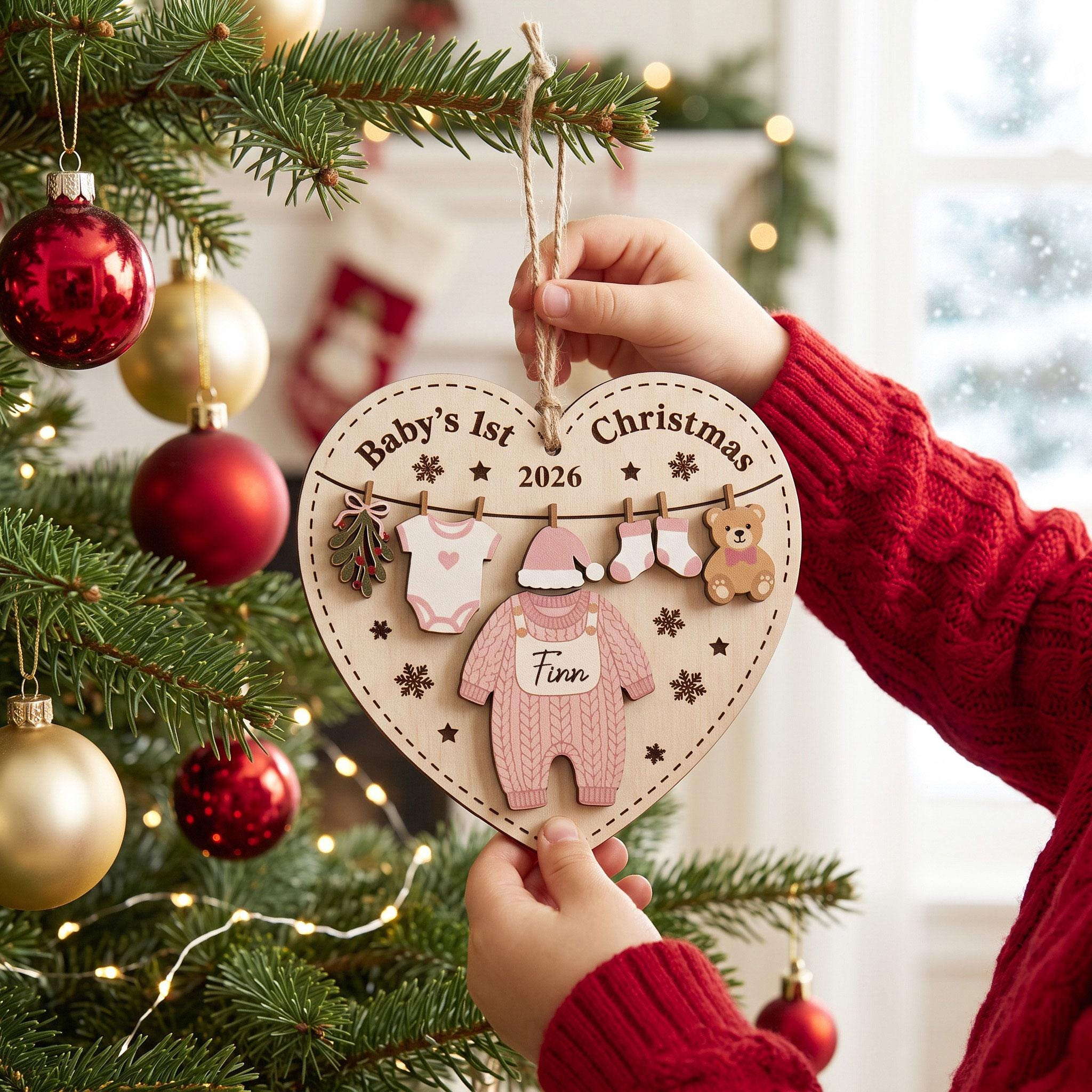 Personalized Babys First Christmas Wooden Heart Ornament 2026 - Custom Baby Name Newborn Keepsake Gift 4 - MeasureMason Personalized Babys First Christmas Wooden Heart Ornament 2026 - Custom Baby Name Newborn Keepsake Gift 4