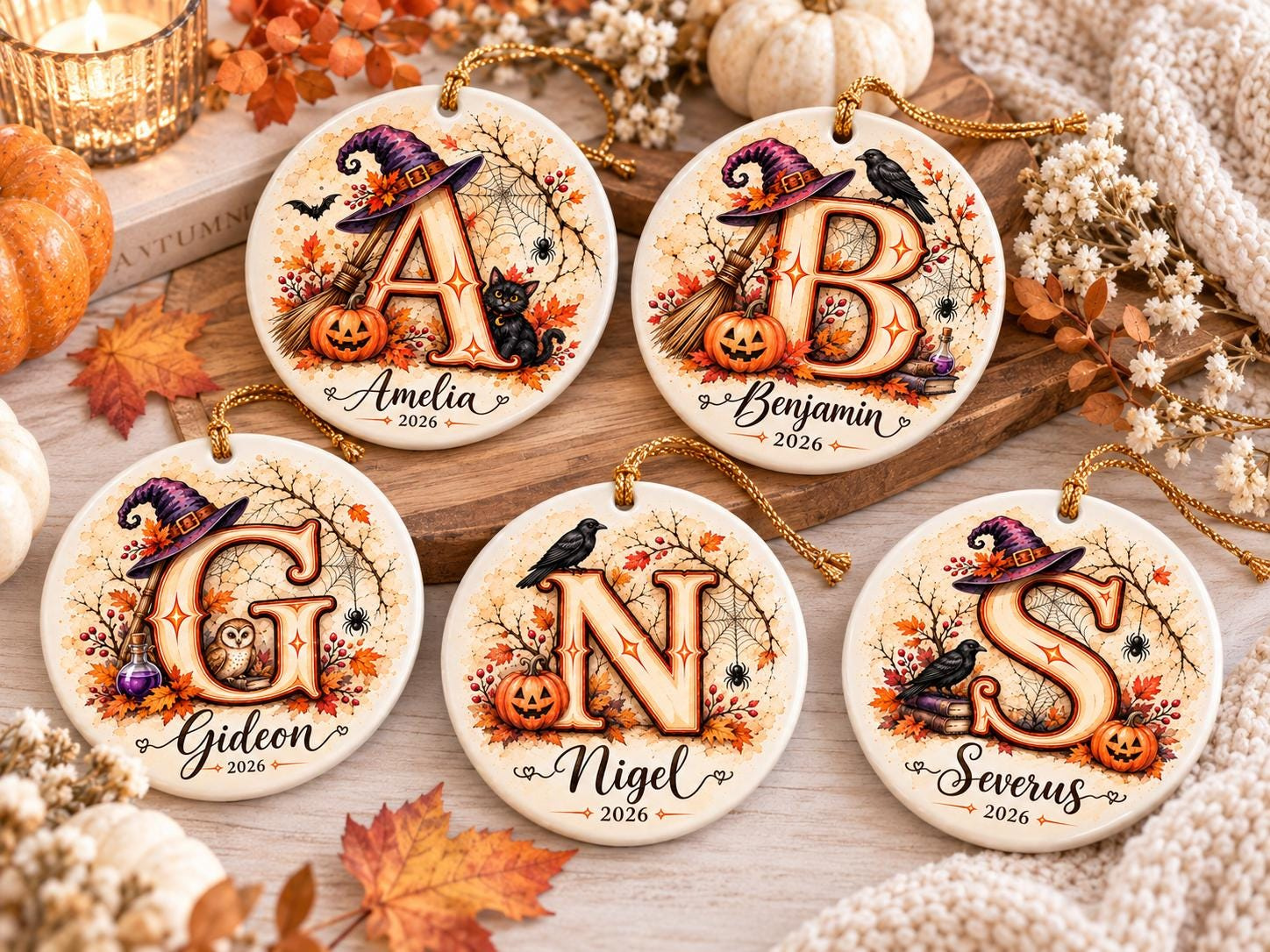 Personalized Halloween Initial Ornament - Custom Name & Letter Vintage Monogram Keepsake, 3 Inch Round Personalized Halloween Initial Ornament - Custom Name & Letter Vintage Monogram Keepsake, 3 Inch Round