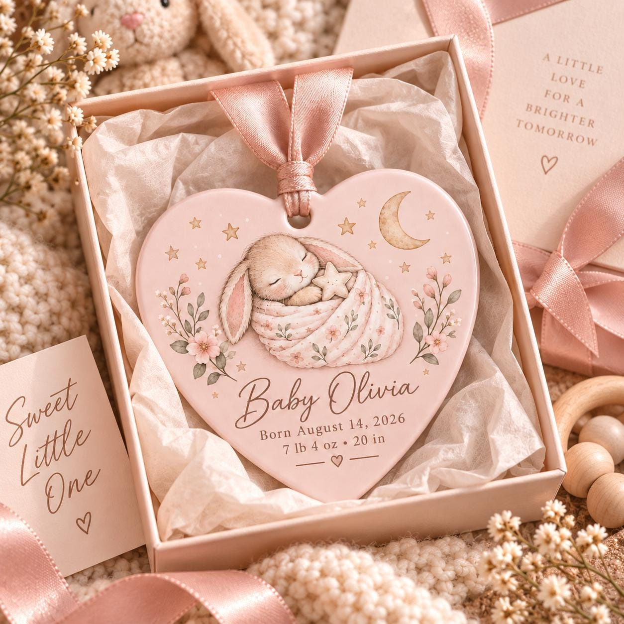 Personalized Baby Birth Stats Ornament, Pink Bunny Heart Ceramic Keepsake, Custom Newborn Name Gift 4 - MeasureMason Personalized Baby Birth Stats Ornament, Pink Bunny Heart Ceramic Keepsake, Custom Newborn Name Gift 4