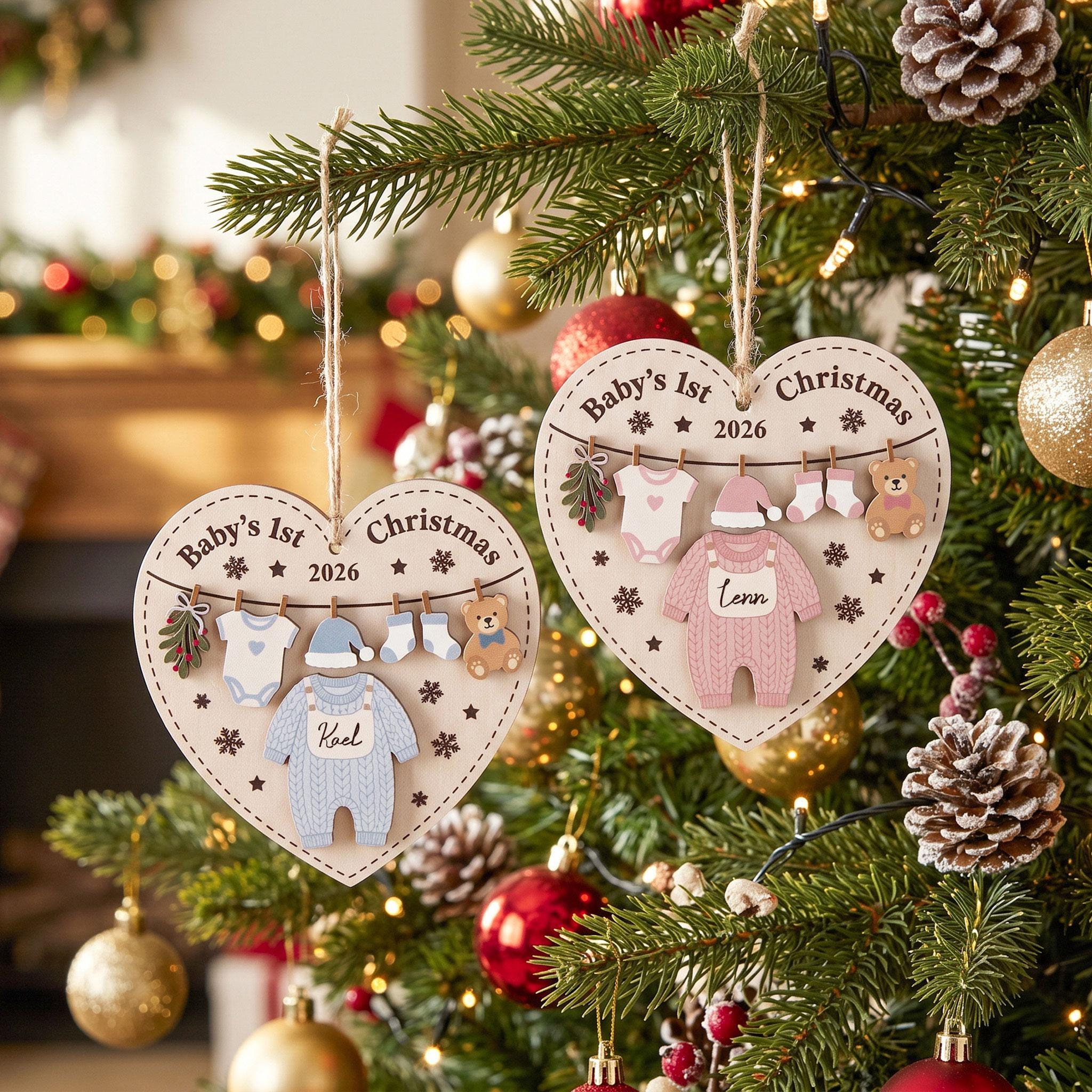 Personalized Baby's First Christmas Wooden Heart Ornament 2026 - Custom Baby Name Newborn Keepsake Gift
