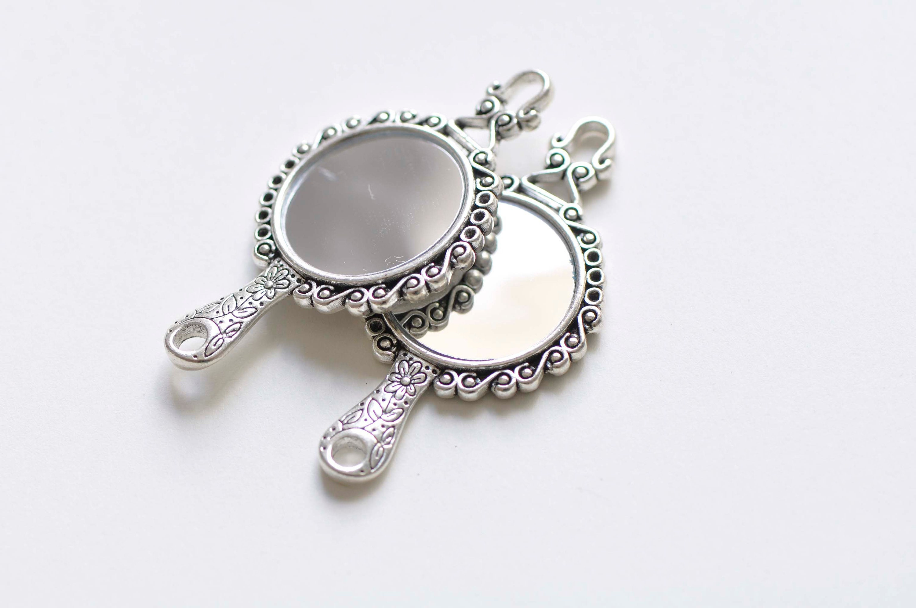 2 Pack Antique Silver Small Hand Mirror Pendant with Double-Sided Real Glass Mirror, 31.5x58mm Jewelry Finding 4 - MeasureMason 2 Pack Antique Silver Small Hand Mirror Pendant with Double-Sided Real Glass Mirror, 31.5x58mm Jewelry Finding 4