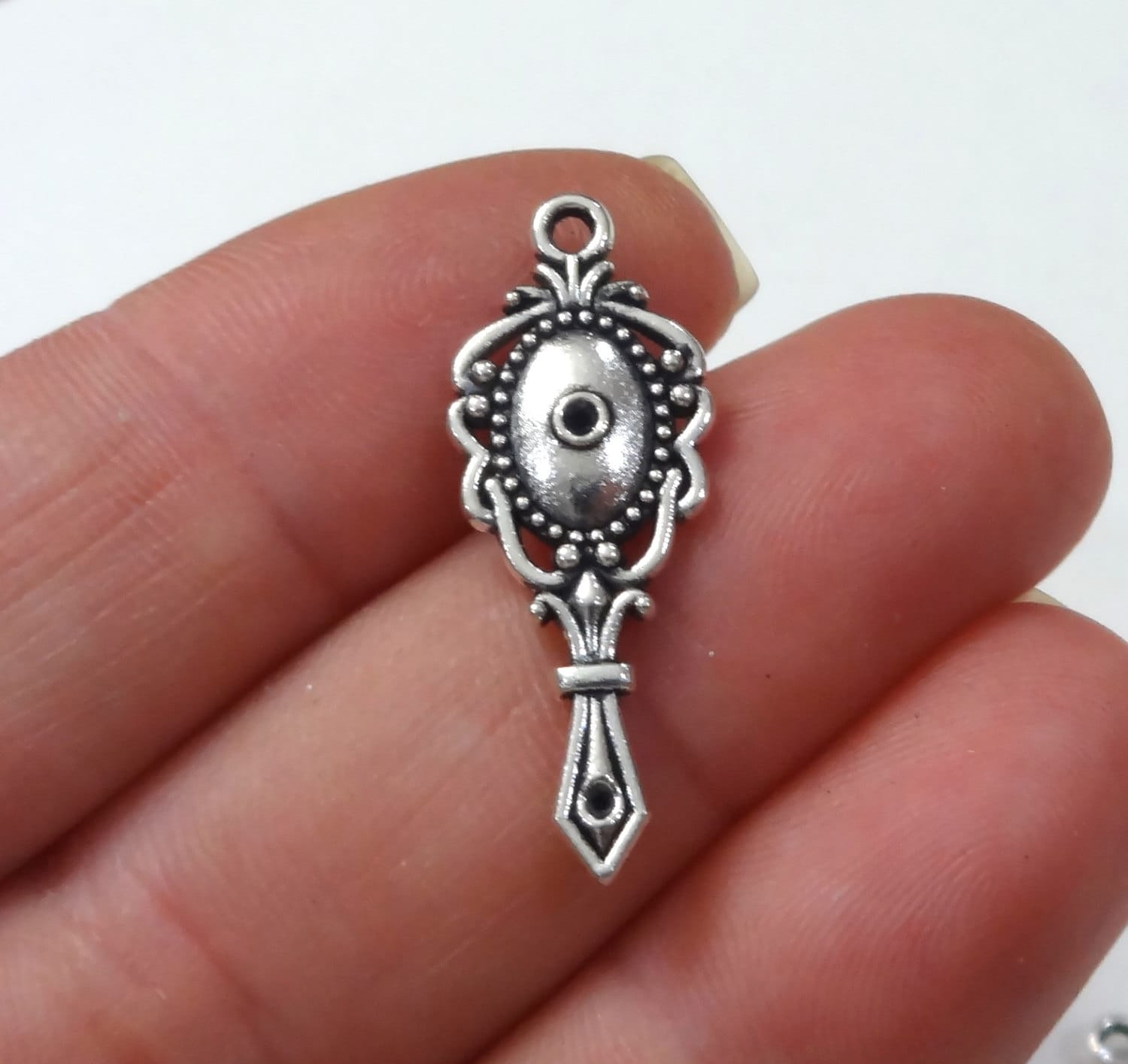 Mirror Charm for Hairstylist Hairdresser, 10 Pack Double Sided Puffed Antique Silver Metal Charms 11x28x3mm Mirror Charm for Hairstylist Hairdresser, 10 Pack Double Sided Puffed Antique Silver Metal Charms 11x28x3mm