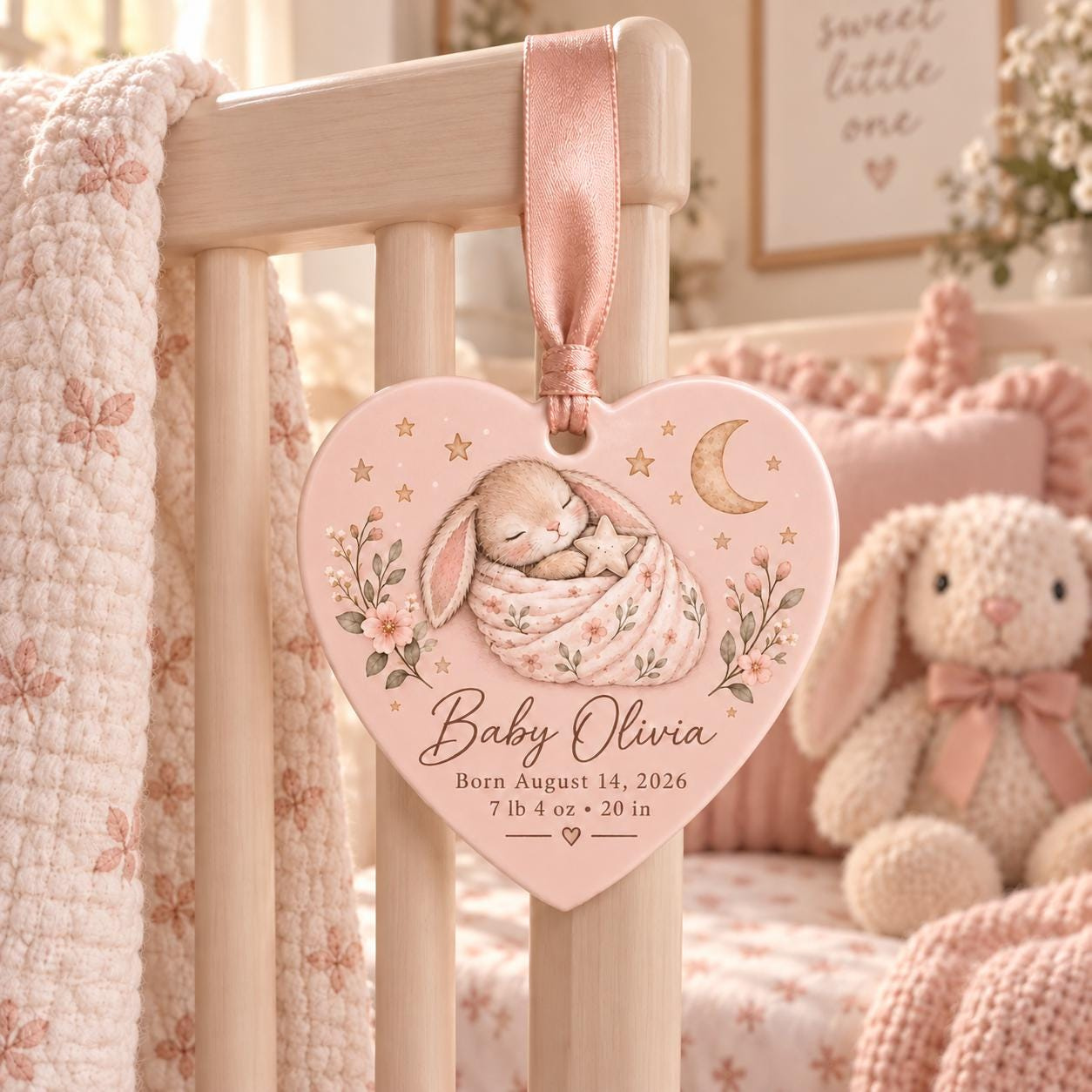 Personalized Baby Birth Stats Ornament, Pink Bunny Heart Ceramic Keepsake, Custom Newborn Name Gift 1 - MeasureMason Personalized Baby Birth Stats Ornament, Pink Bunny Heart Ceramic Keepsake, Custom Newborn Name Gift 1