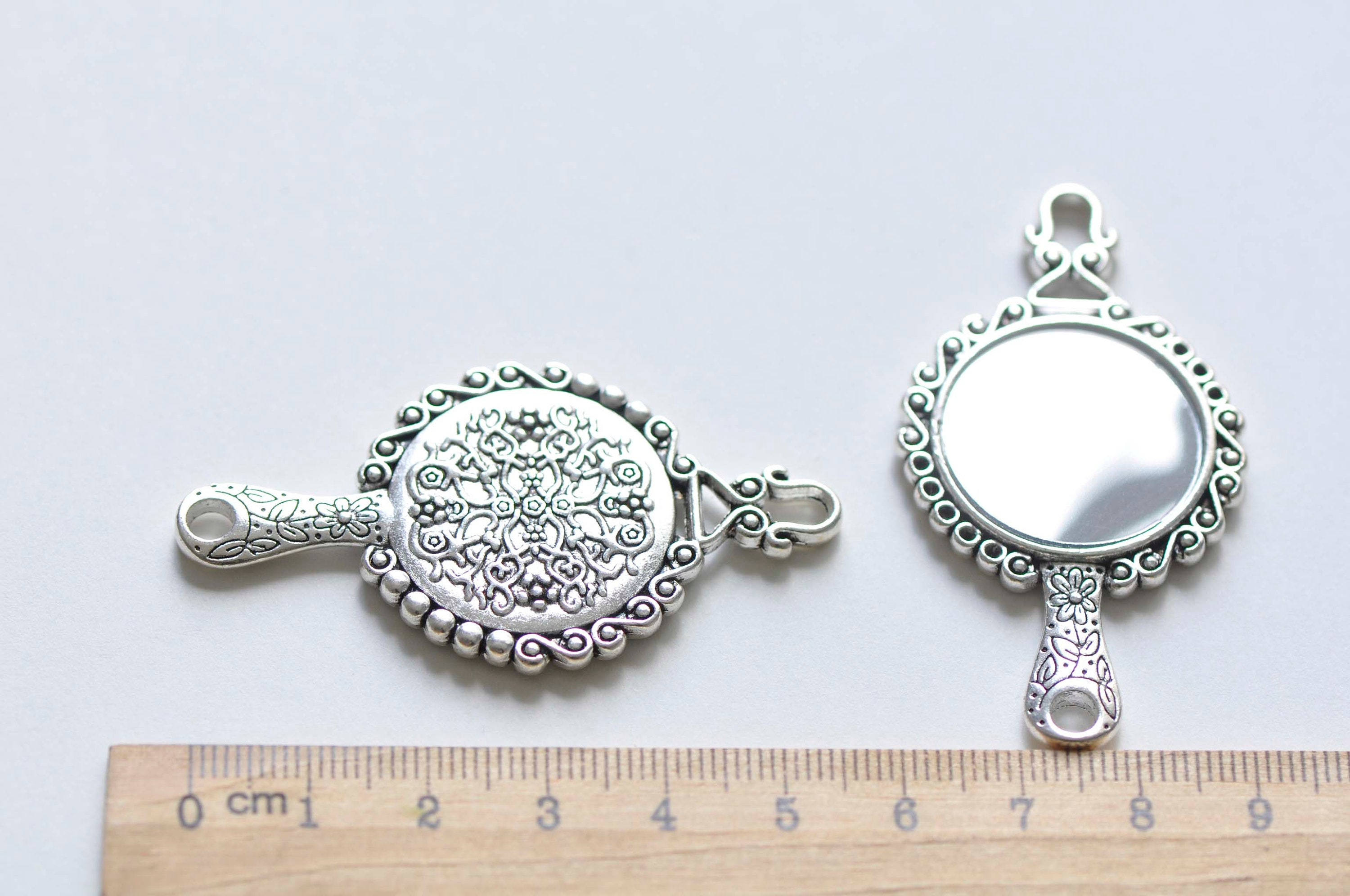 2 Pack Antique Silver Small Hand Mirror Pendant with Double-Sided Real Glass Mirror, 31.5x58mm Jewelry Finding 3 - MeasureMason 2 Pack Antique Silver Small Hand Mirror Pendant with Double-Sided Real Glass Mirror, 31.5x58mm Jewelry Finding 3