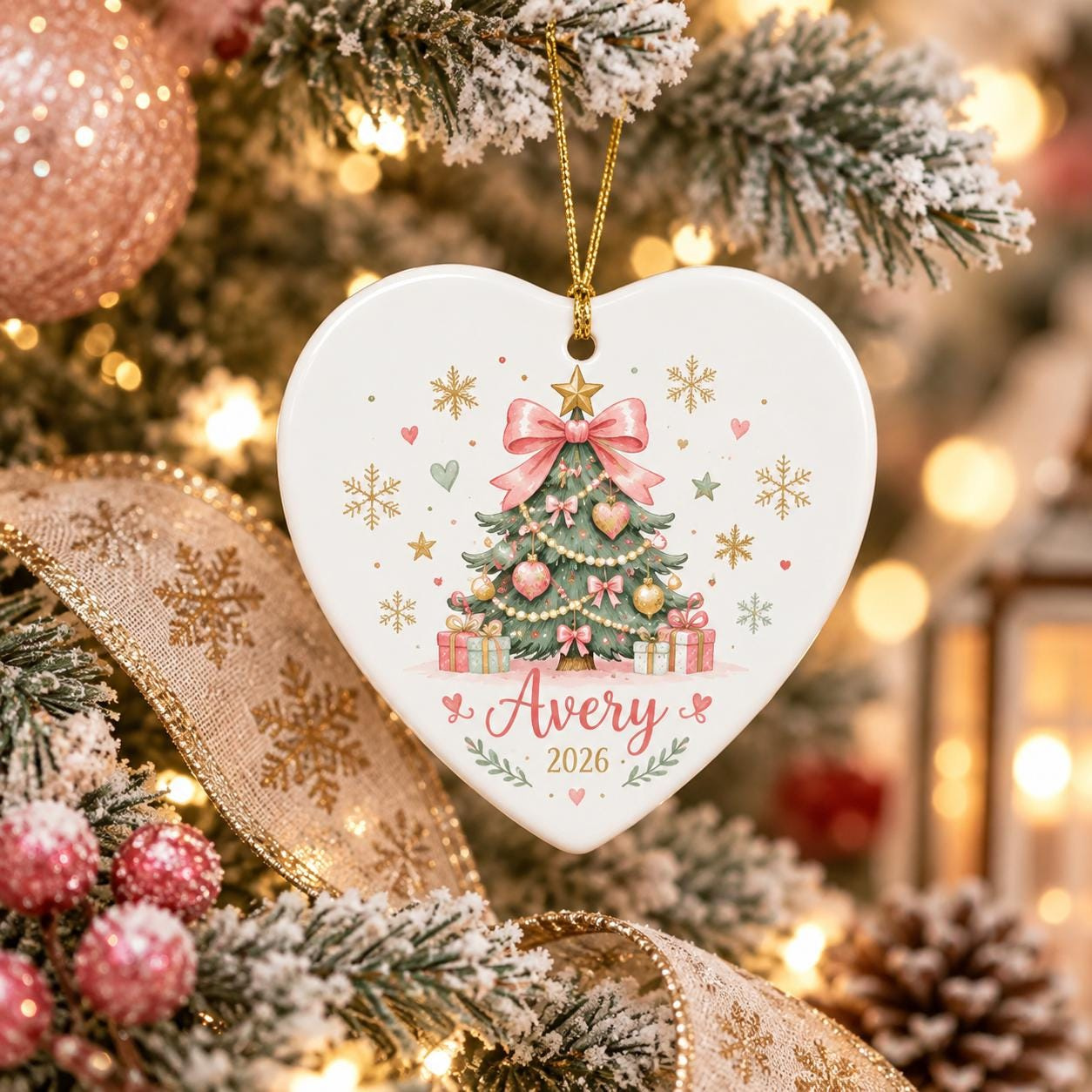 Personalized Heart Christmas Ornament with Name 2026, Pink Ceramic Tree Keepsake for Girls Personalized Heart Christmas Ornament with Name 2026, Pink Ceramic Tree Keepsake for Girls