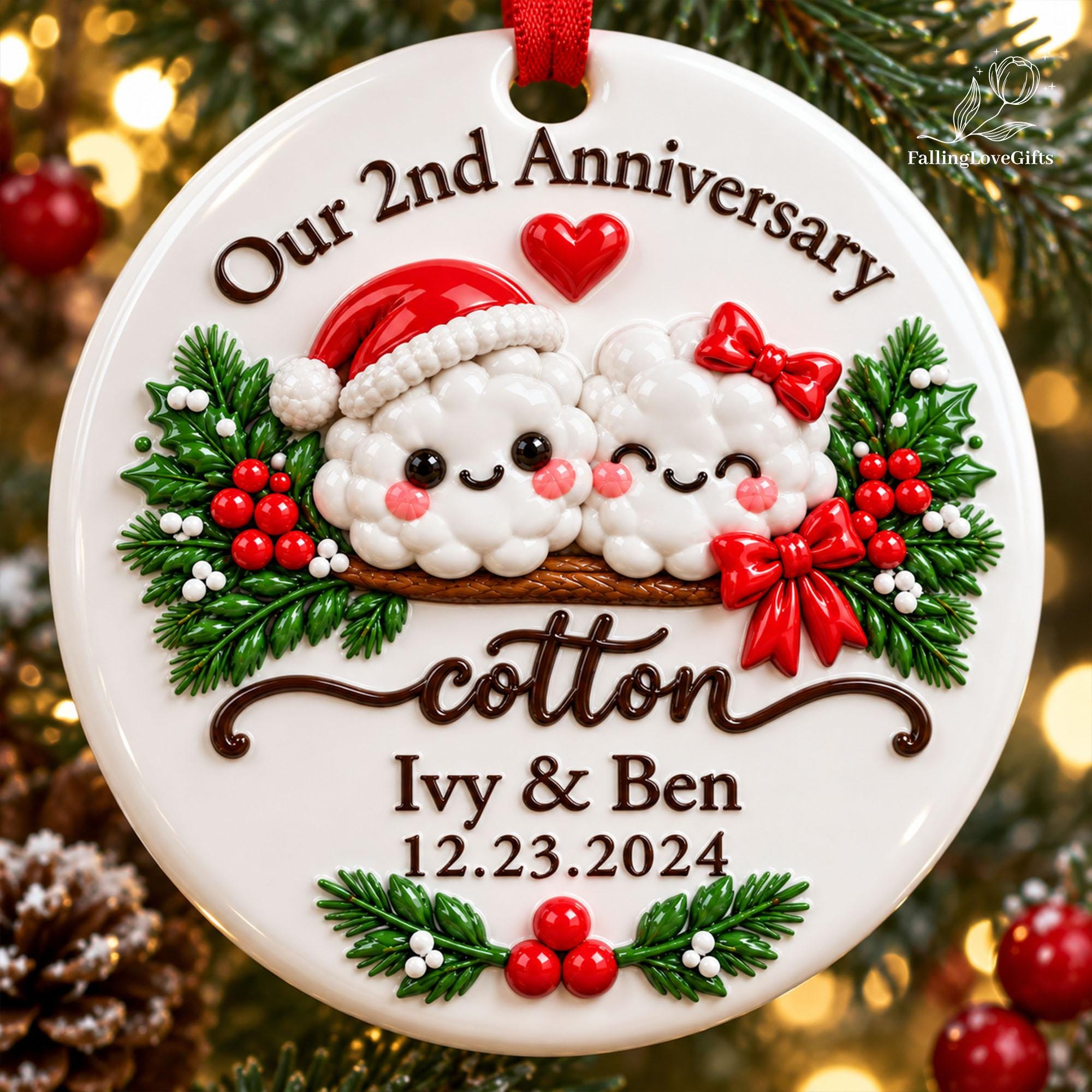Personalized 2nd Wedding Anniversary Ornament, Cotton Anniversary Ceramic 3D Relief Keepsake Gift for Couple 1 - MeasureMason Personalized 2nd Wedding Anniversary Ornament, Cotton Anniversary Ceramic 3D Relief Keepsake Gift for Couple 1