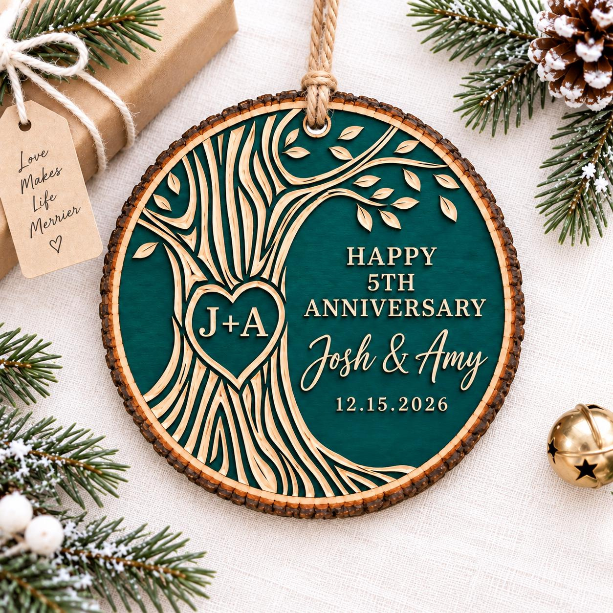 Personalized 5th Wedding Anniversary Wooden Ornament for Couples, Wood Anniversary Keepsake 4 - MeasureMason Personalized 5th Wedding Anniversary Wooden Ornament for Couples, Wood Anniversary Keepsake 4