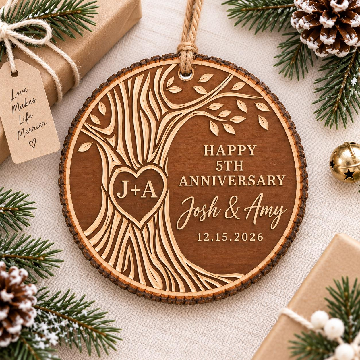 Personalized 5th Wedding Anniversary Wooden Ornament for Couples, Wood Anniversary Keepsake 2 - MeasureMason Personalized 5th Wedding Anniversary Wooden Ornament for Couples, Wood Anniversary Keepsake 2