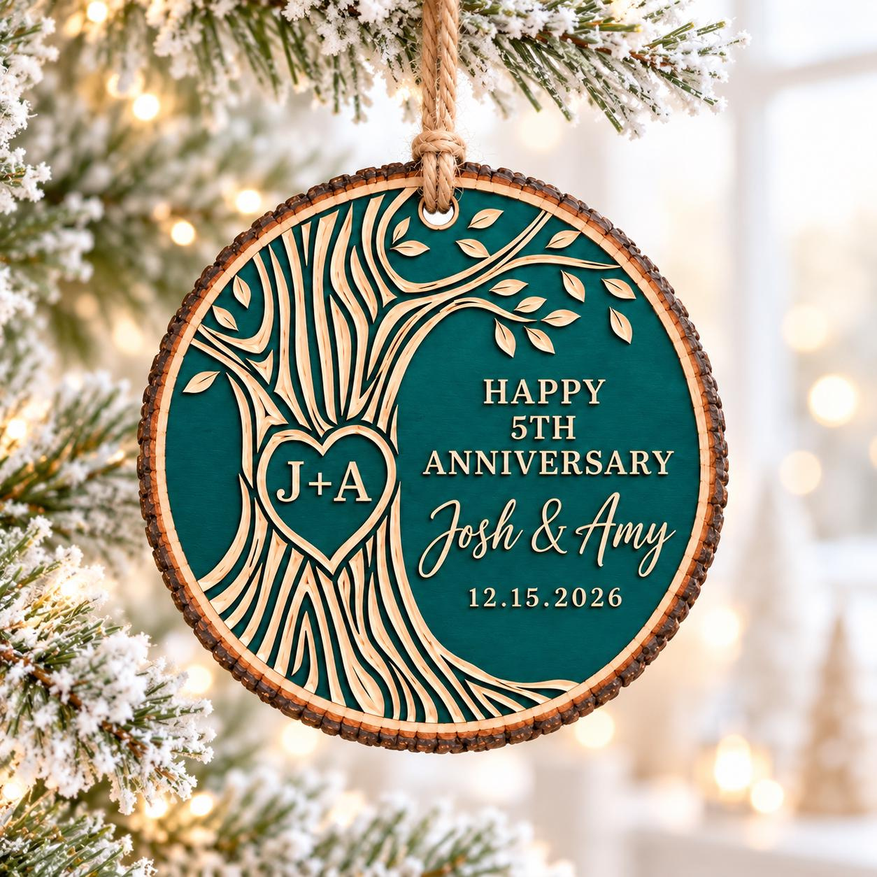 Personalized 5th Wedding Anniversary Wooden Ornament for Couples, Wood Anniversary Keepsake 3 - MeasureMason Personalized 5th Wedding Anniversary Wooden Ornament for Couples, Wood Anniversary Keepsake 3