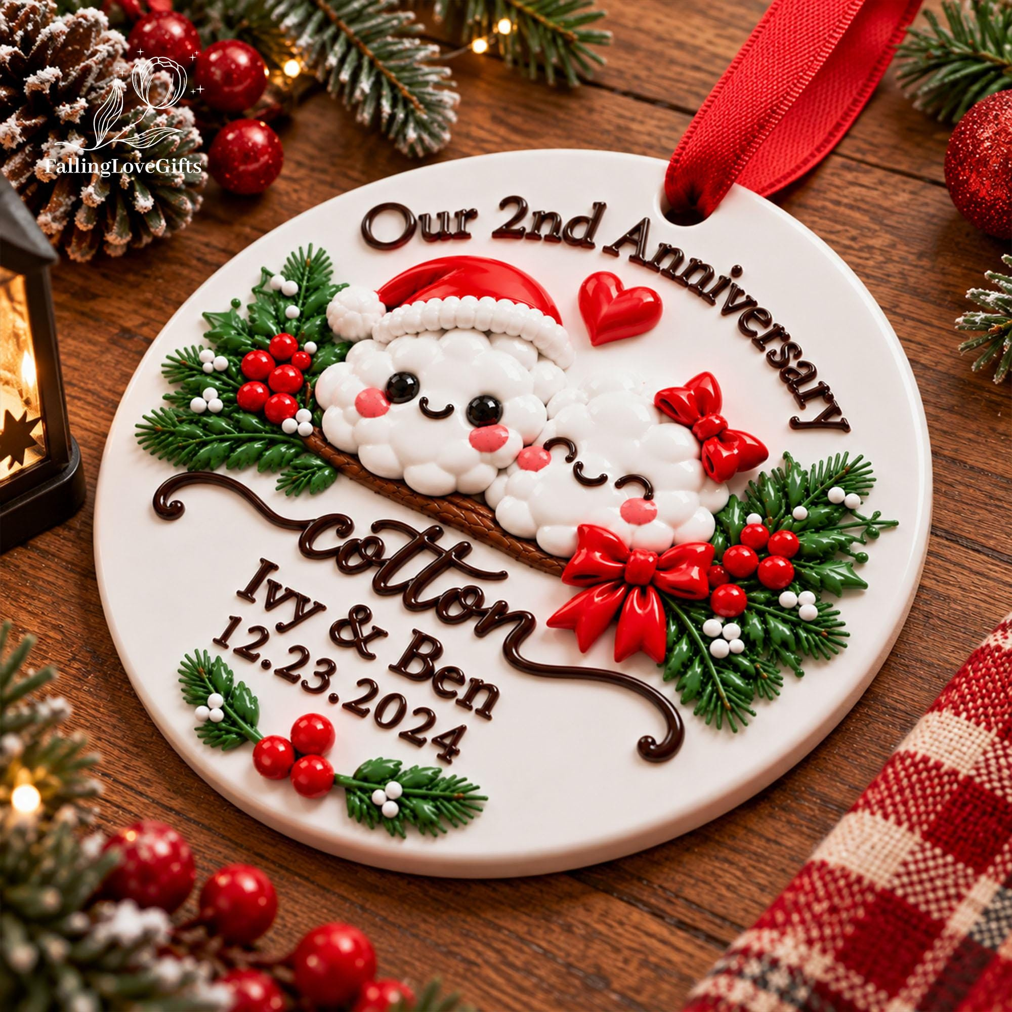 Personalized 2nd Wedding Anniversary Ornament, Cotton Anniversary Ceramic 3D Relief Keepsake Gift for Couple 4 - MeasureMason Personalized 2nd Wedding Anniversary Ornament, Cotton Anniversary Ceramic 3D Relief Keepsake Gift for Couple 4