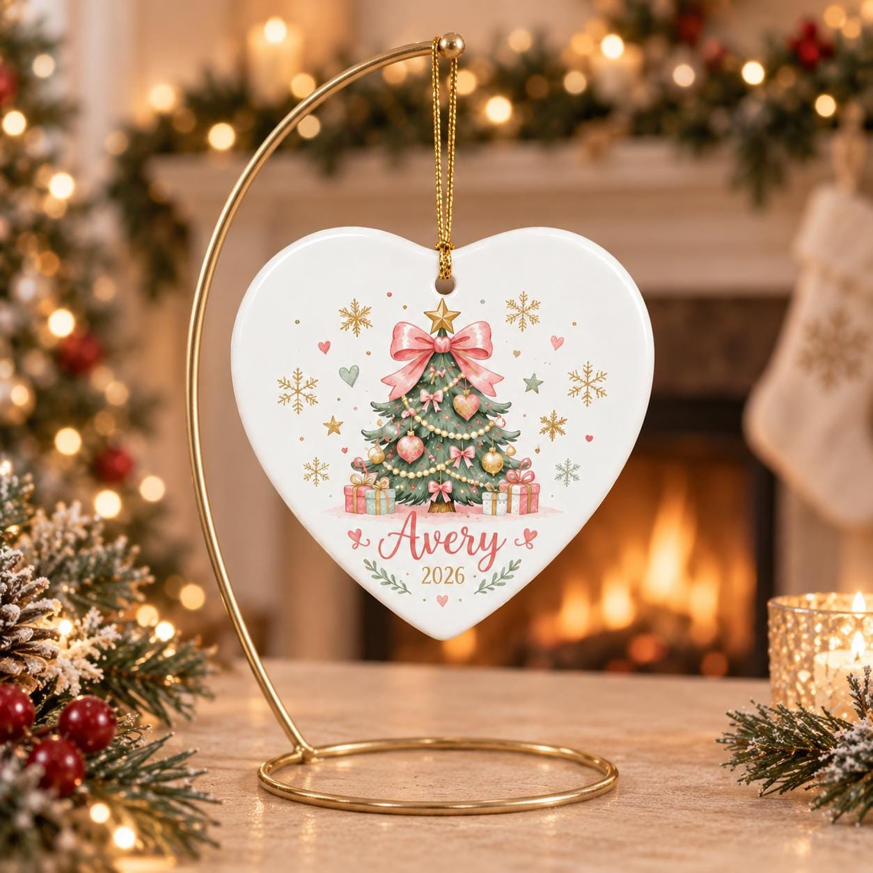 Personalized Heart Christmas Ornament with Name 2026, Pink Ceramic Tree Keepsake for Girls 4 - MeasureMason Personalized Heart Christmas Ornament with Name 2026, Pink Ceramic Tree Keepsake for Girls 4