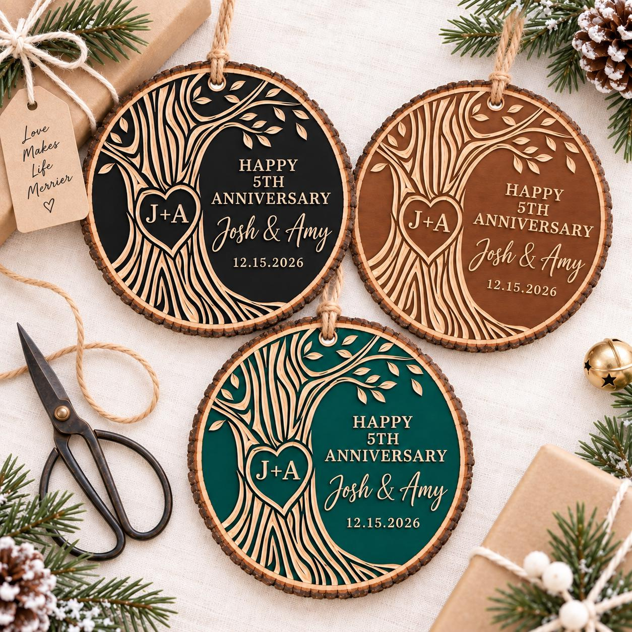 Personalized 5th Wedding Anniversary Wooden Ornament for Couples, Wood Anniversary Keepsake