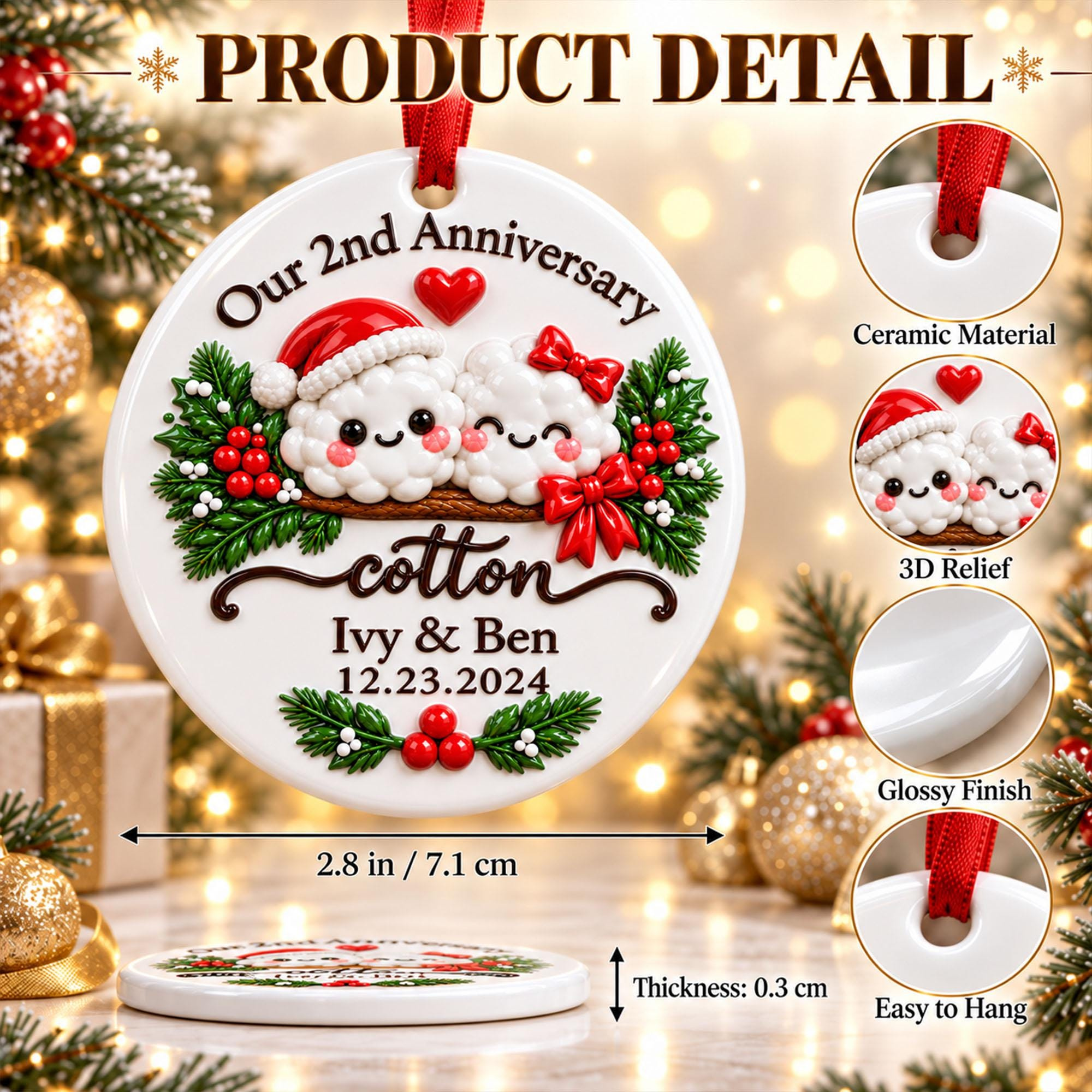 Personalized 2nd Wedding Anniversary Ornament, Cotton Anniversary Ceramic 3D Relief Keepsake Gift for Couple 2 - MeasureMason Personalized 2nd Wedding Anniversary Ornament, Cotton Anniversary Ceramic 3D Relief Keepsake Gift for Couple 2