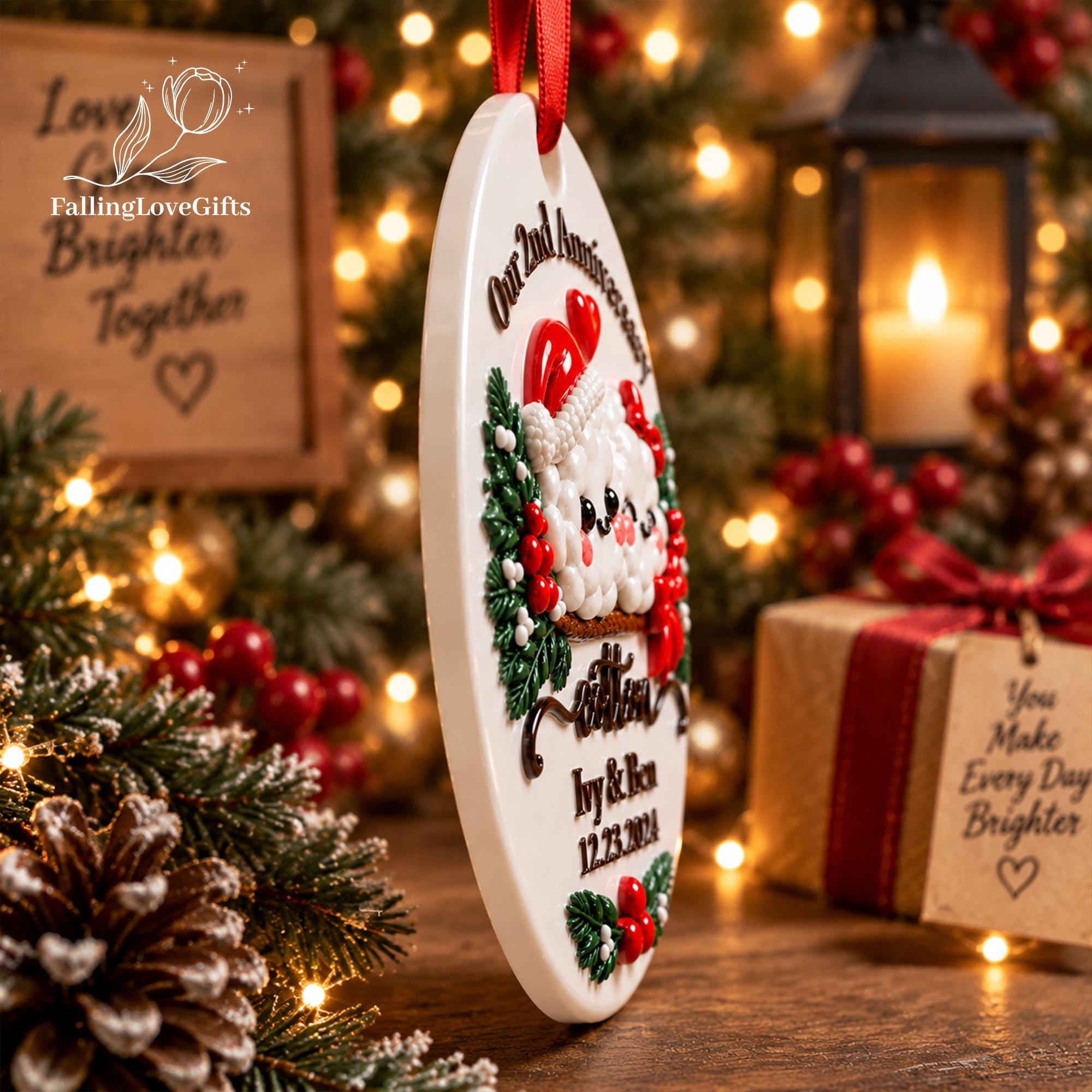 Personalized 2nd Wedding Anniversary Ornament, Cotton Anniversary Ceramic 3D Relief Keepsake Gift for Couple 3 - MeasureMason Personalized 2nd Wedding Anniversary Ornament, Cotton Anniversary Ceramic 3D Relief Keepsake Gift for Couple 3