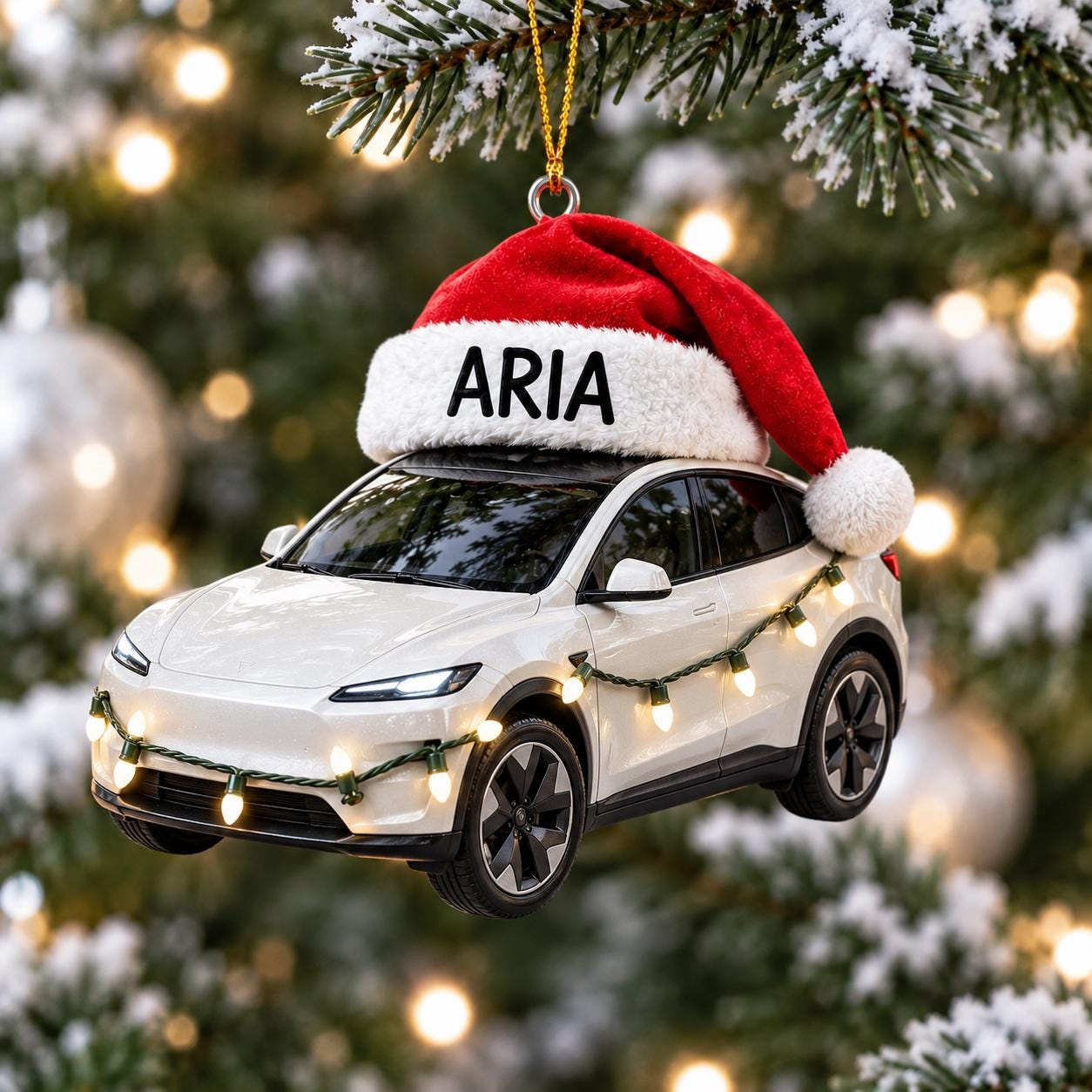 Personalized White Electric Car Christmas Ornament with Santa Hat, Custom Name EV Tree Decor, Modern Holiday Gift Personalized White Electric Car Christmas Ornament with Santa Hat, Custom Name EV Tree Decor, Modern Holiday Gift