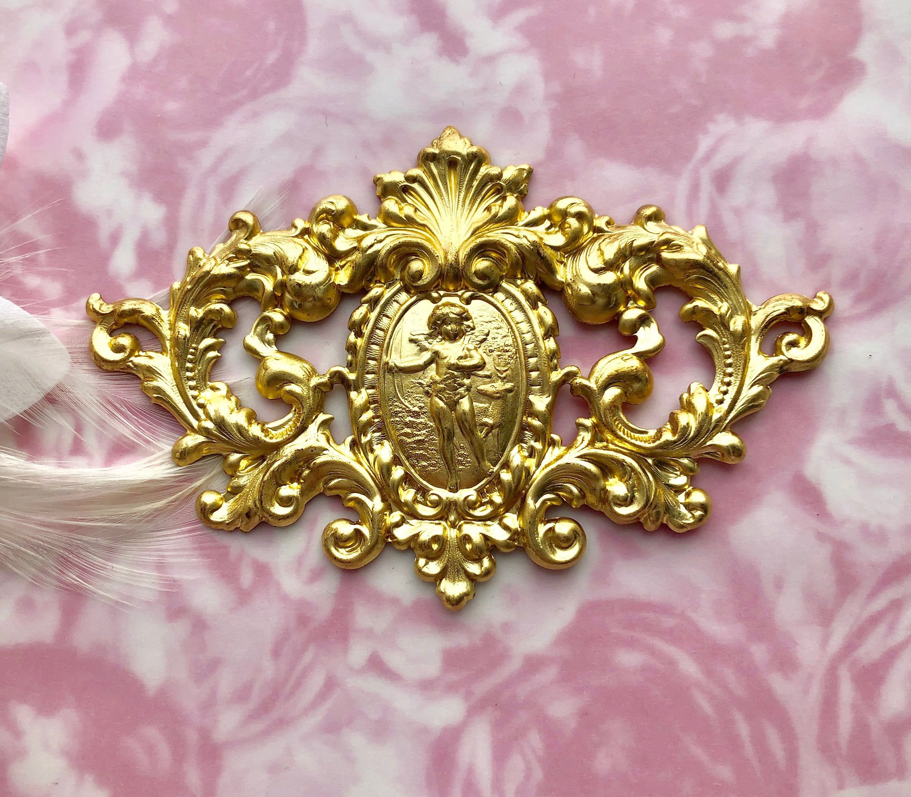 Brass Victorian Cherub Deer Crest Plaque Stamping - Large High Relief Ornate Jewelry Finding, Raw Brass Medallion 3 - MeasureMason Brass Victorian Cherub Deer Crest Plaque Stamping - Large High Relief Ornate Jewelry Finding, Raw Brass Medallion 3