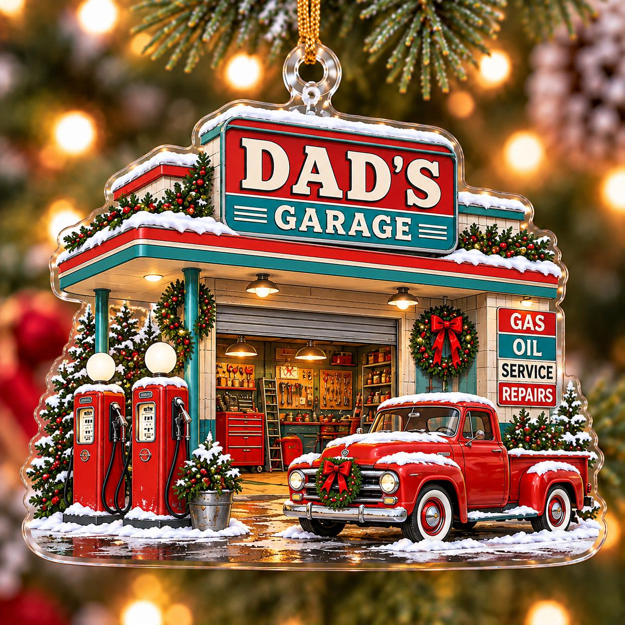 Personalized Dad Garage Ornament, Custom Name Christmas Vintage Red Truck Keepsake, Double Sided Acrylic Decor for Him