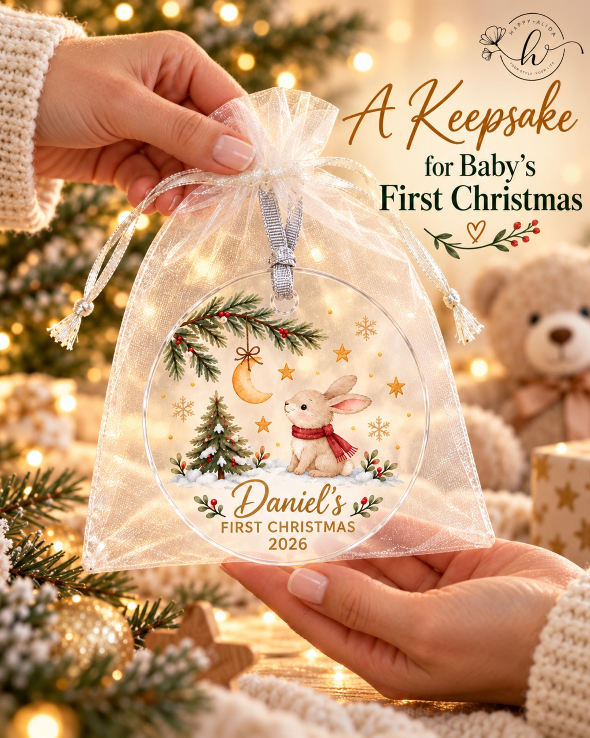 Personalized Babys First Christmas Ornament 2026, Custom Name Bunny Acrylic Decoration for Newborn 1 - MeasureMason Personalized Babys First Christmas Ornament 2026, Custom Name Bunny Acrylic Decoration for Newborn 1