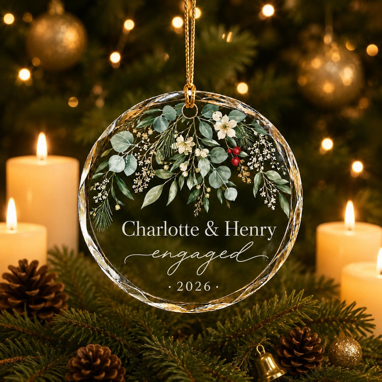 Personalized Engagement Ornament, Custom Couple Names and Year Glass Keepsake