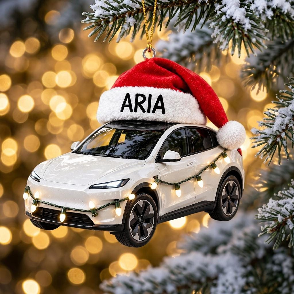 Personalized White Electric Car Christmas Ornament with Santa Hat, Custom Name EV Tree Decor, Modern Holiday Gift 4 - MeasureMason Personalized White Electric Car Christmas Ornament with Santa Hat, Custom Name EV Tree Decor, Modern Holiday Gift 4