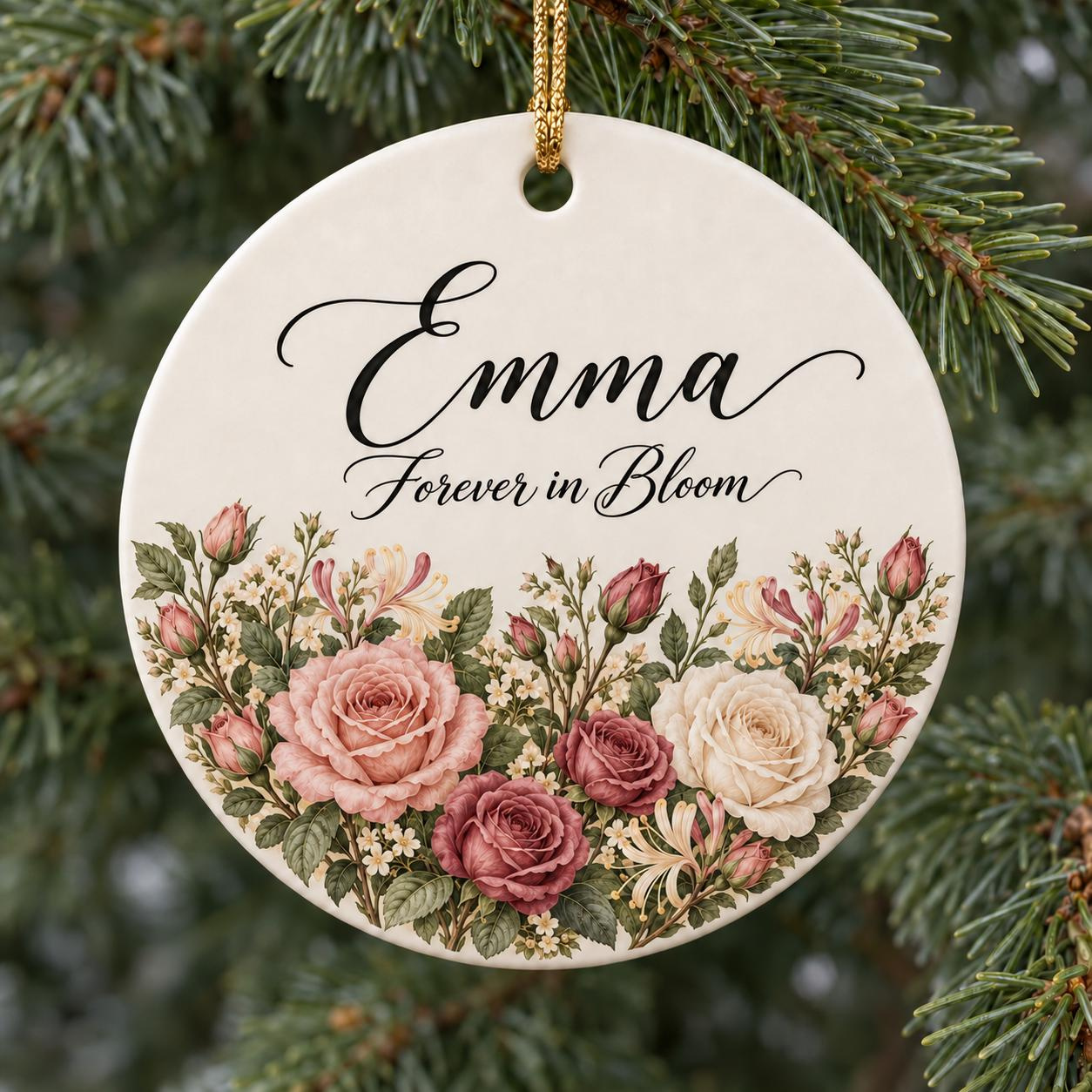 Personalized Floral Ceramic Christmas Ornament with Custom Name and Botanical Half-Wreath Design Personalized Floral Ceramic Christmas Ornament with Custom Name and Botanical Half-Wreath Design