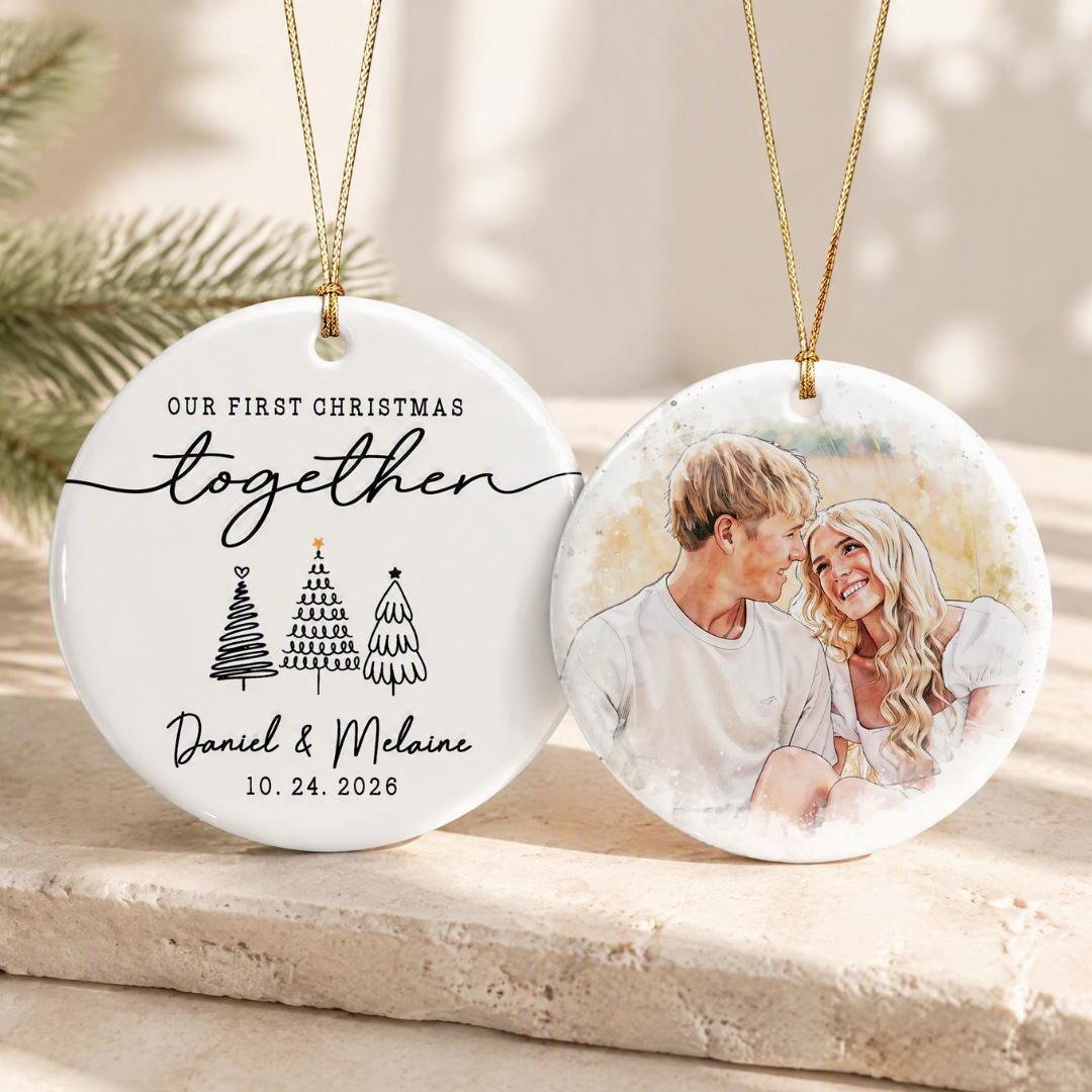 First Christmas Together Ornament Custom Photo Ceramic Circle Double Sided Couple Keepsake