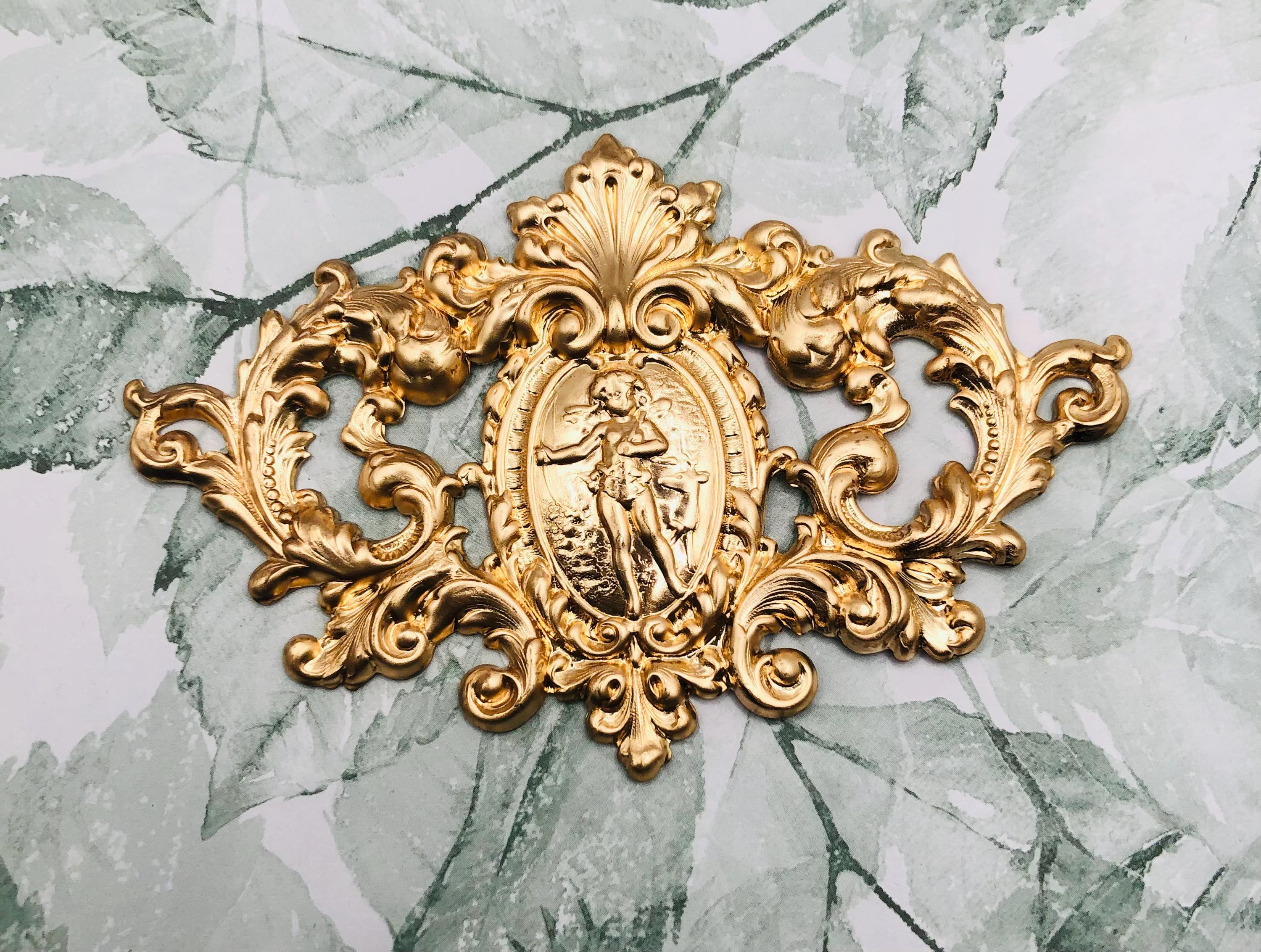 Brass Victorian Cherub Deer Crest Plaque Stamping - Large High Relief Ornate Jewelry Finding, Raw Brass Medallion Brass Victorian Cherub Deer Crest Plaque Stamping - Large High Relief Ornate Jewelry Finding, Raw Brass Medallion