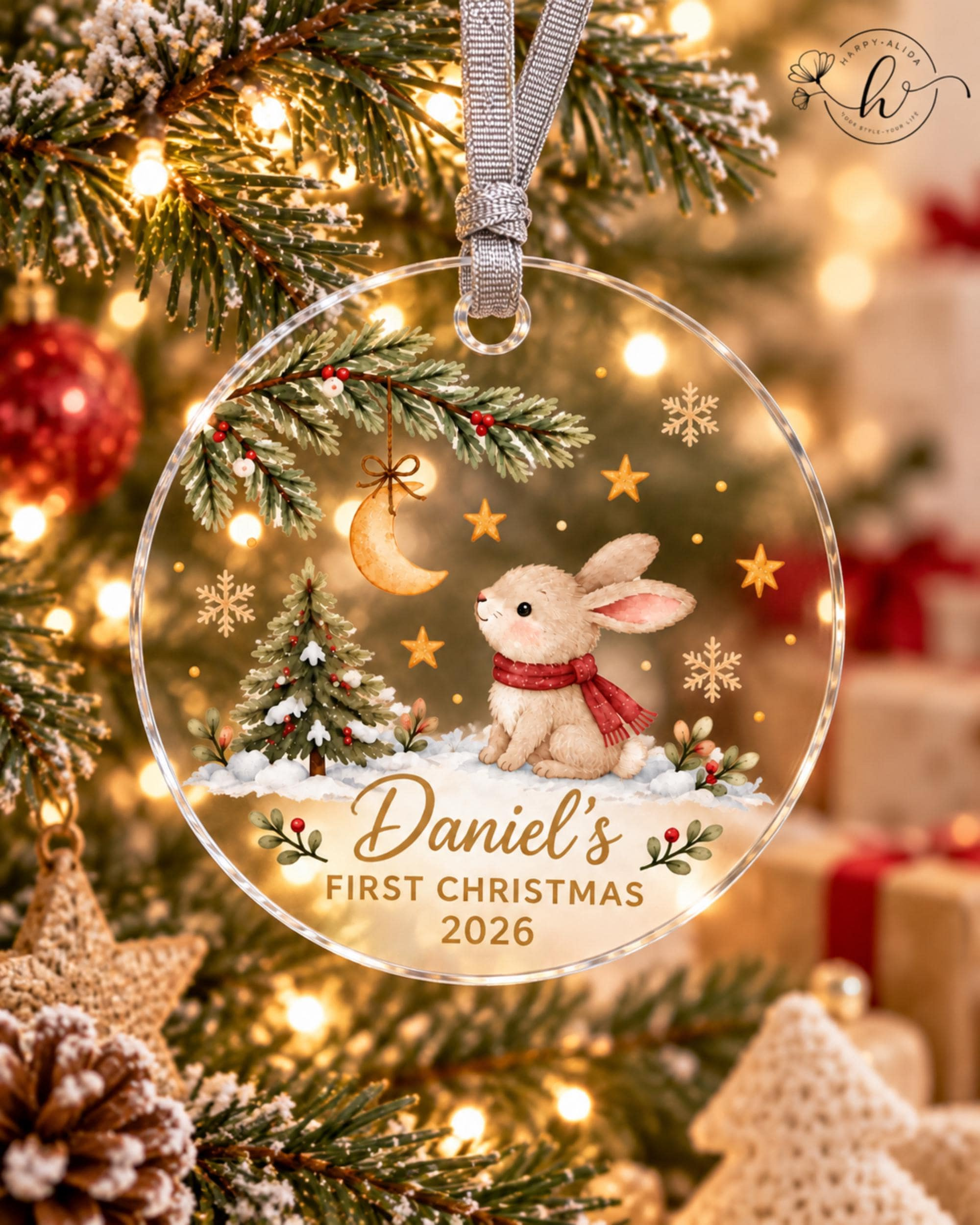 Personalized Baby's First Christmas Ornament 2026, Custom Name Bunny Acrylic Decoration for Newborn Personalized Baby's First Christmas Ornament 2026, Custom Name Bunny Acrylic Decoration for Newborn